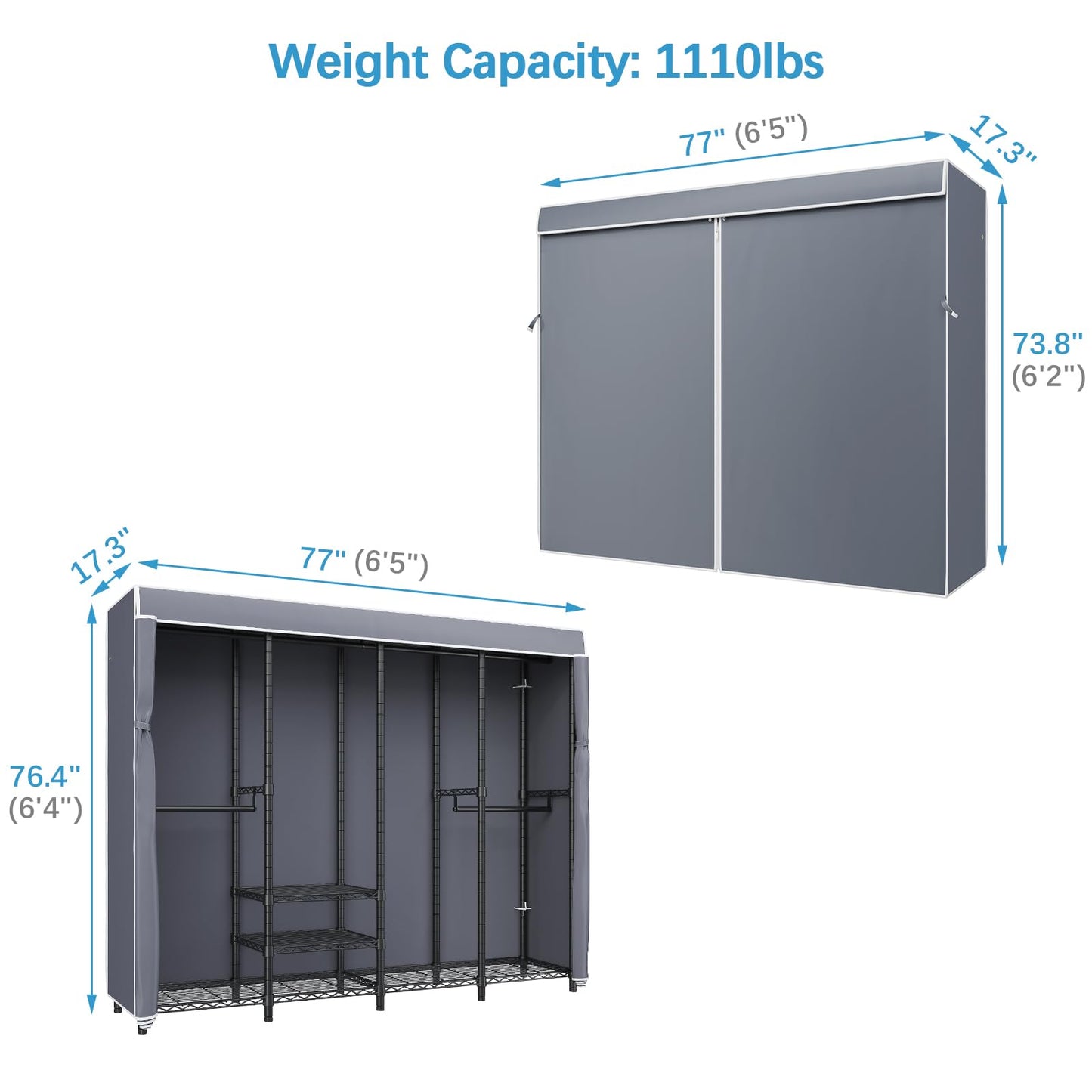 VIPEK V40C Covered Clothes Rack Heavy Duty Clothing Rack with Cover, Custom Freestanding Closet Portable Wardrobe Closet for Bedroom, Large Black Coset Rack with Grey Oxford Fabric Cover