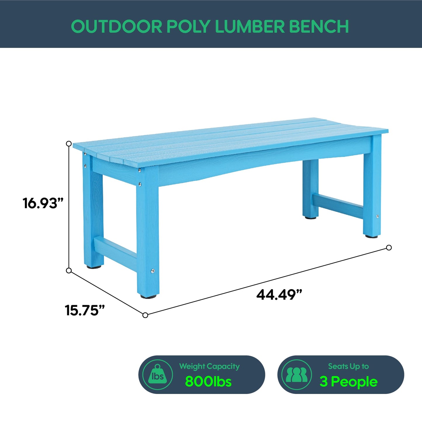 Sunnibety Weatherproof HIPS Outdoor Bench, 2-Person Patio Dining Bench, All-Weather Poly Lumber Garden Bench, Never Rot or Fade, Park Bench with Wood Grains for Porch, Garden, Deck, Entryway, Blue