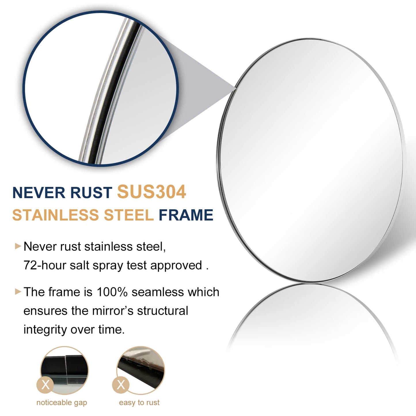 ANDY STAR 36'' Chrome Round Mirror, Polished Silver Round Bathroom Mirror, Big Circle Wall Mirror in Metal Frame, Large Vanity Mirror for Entryway, Living Room, Washrooms