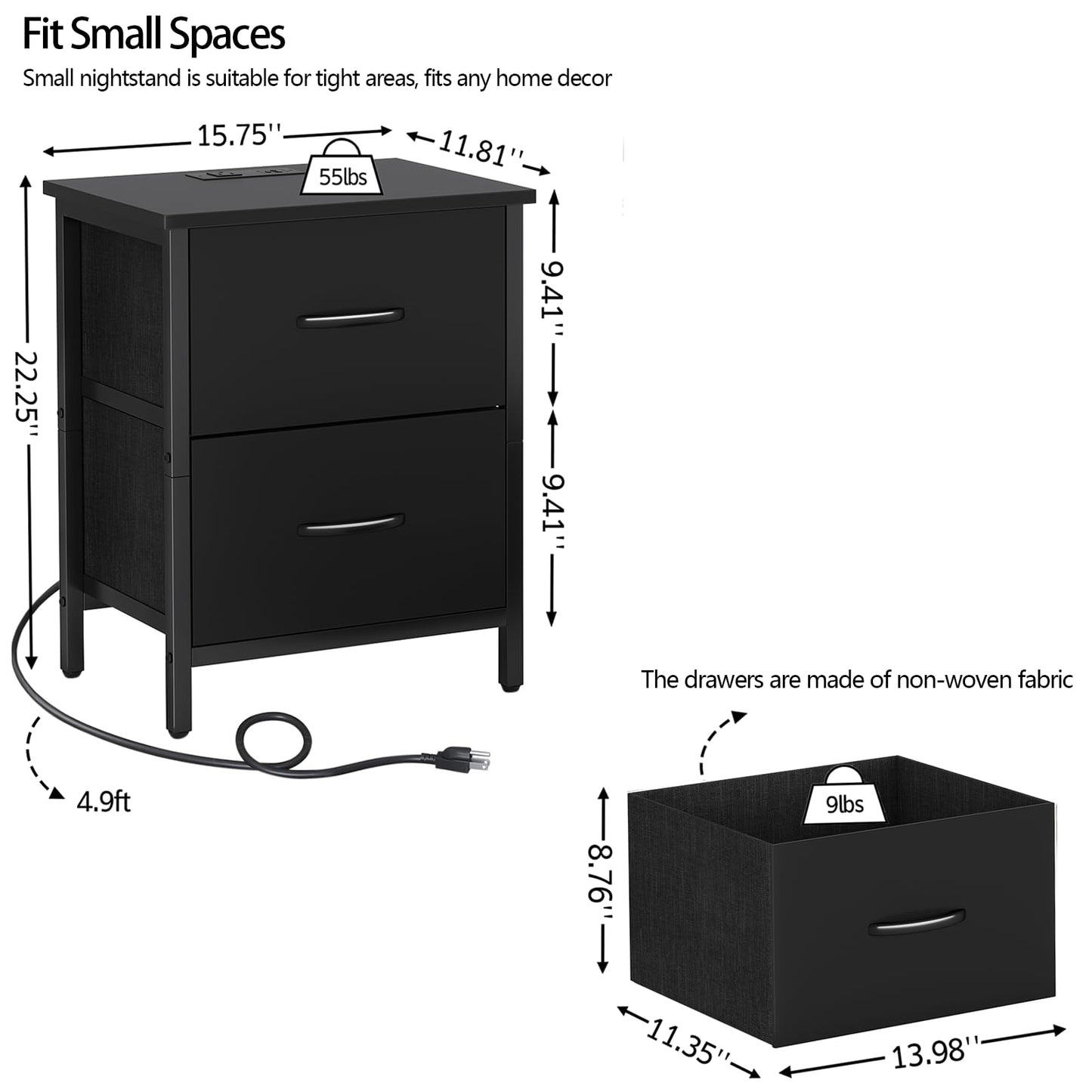 Vagusicc Nightstand Set of 2 with Charging Station, End Table Bedside Table with Power Outlet & USB Ports, Side Table with 2 Fabric Drawers for Bedroom, Living Room, Black
