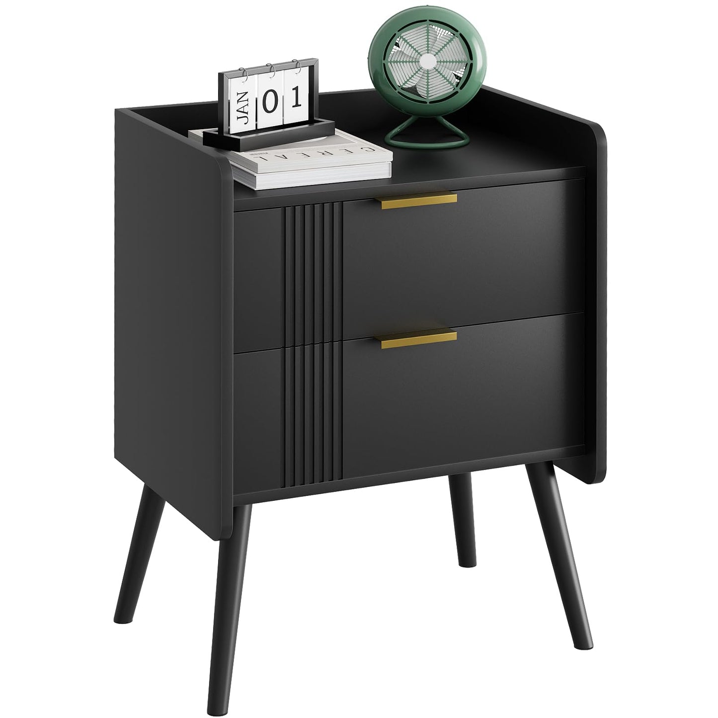 Aenuert Black Nightstand Modern Bedside Table with 2 Storage Drawer, Small Night Stand, Wooden Sofa Side Table for Bedroom, Study Room and Small Spaces