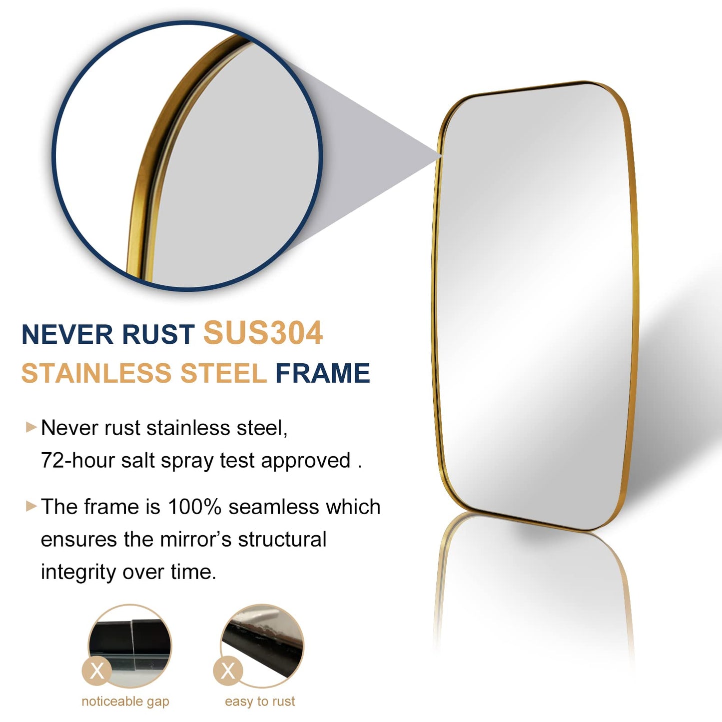ANDY STAR Gold Oval Mirrors for Bathroom, Large 24x40’’ Brushed Gold Metal Framed Oblong Wall Mirror, Modern Gold Vanity Mirror in Stainless Steel Frame Wall Mount Horizontal or Vertical