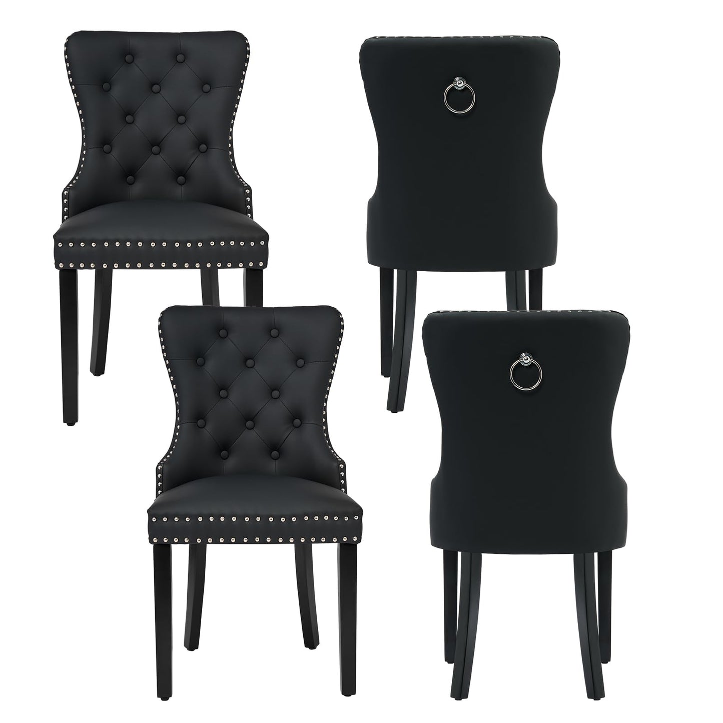 PU Leather Dining Chairs Set of 4, Tufted Upholstered Dining Room Chair with Solid Wood Legs and Pull Ring, Black