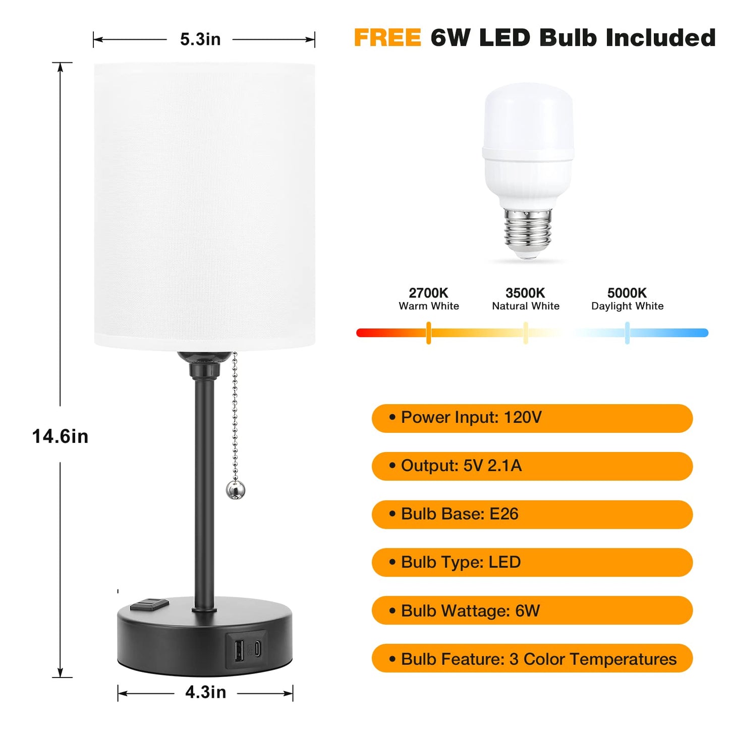 Small Bedside Table lamp for Bedroom - 3 Color Temperatures Bedside Lamps with USB C and A Ports, Pull Chain Table Lamps with AC Outlet, White Nightstand Lamps with Black Metal Base for Kids Reading