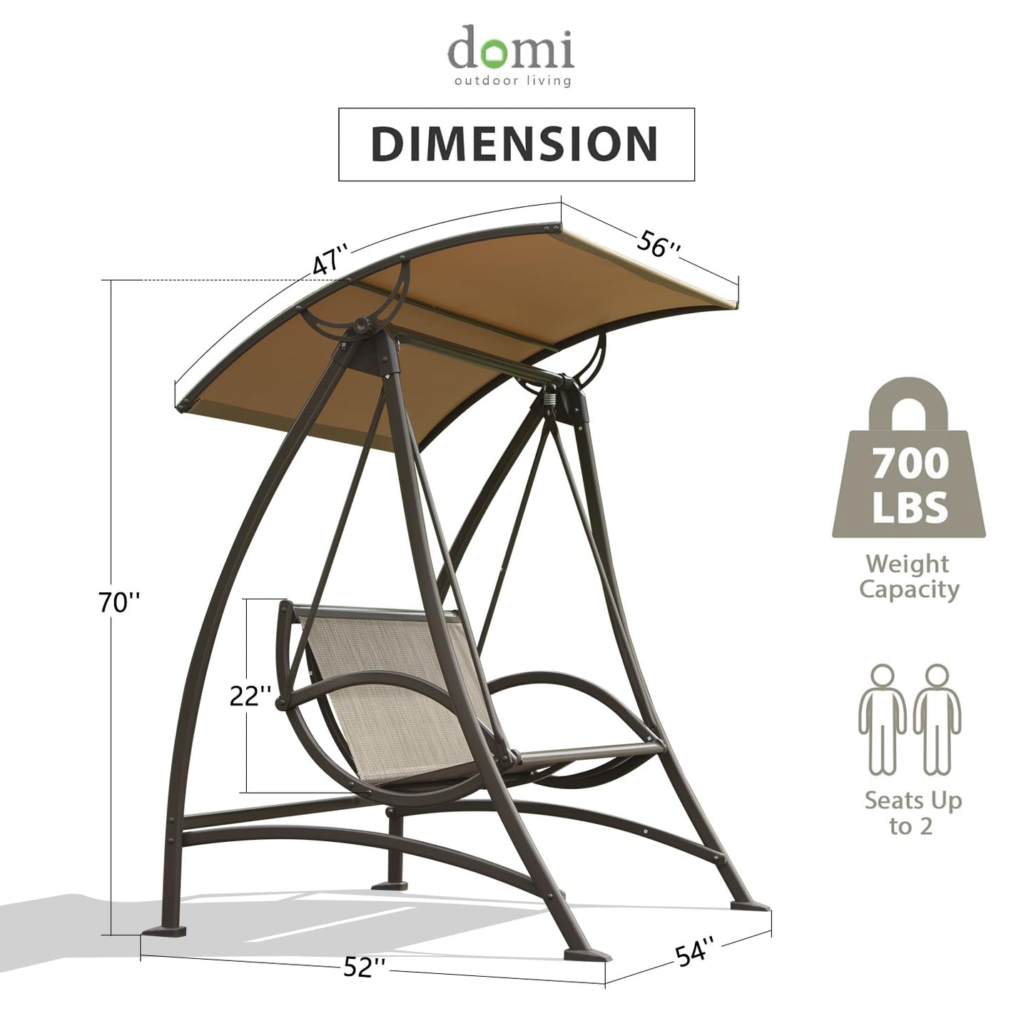 Domi Porch Patio Swing with Adjustable Canopy, 2-seat with Stand, Outdoor Loveseat Swing w/Armrests, Weather Resistant Steel Frame and Textilene Fabric