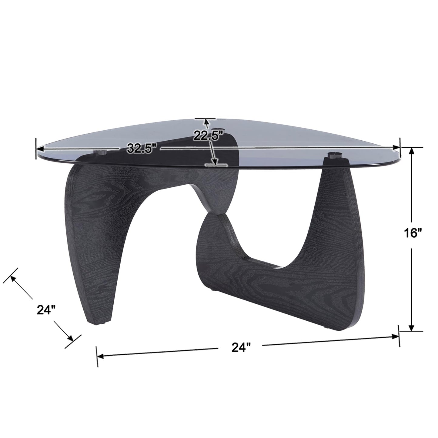 Hyfirm Small Glass Coffee Table, 32.5" Black Triangle Center Table with Solid Wood Base Abstract Contemporary Coffee Table for Living Room Office Patio, Grey