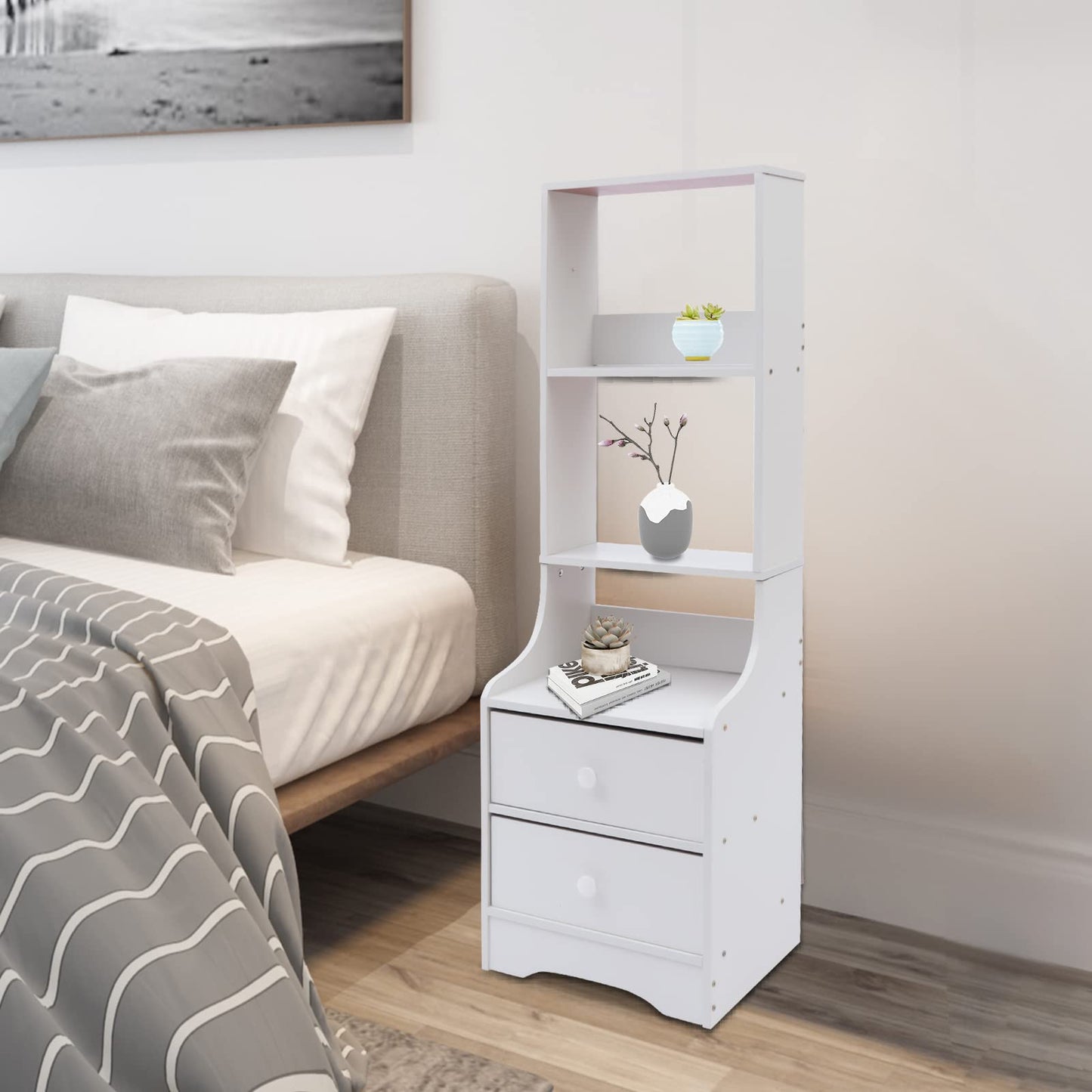 Modern Nightstand, Tall Bed End Table/Bedside Table for Bedroom Living Room, Bed Side Table/Night Stand with Storage Shelf and 2 Drawers