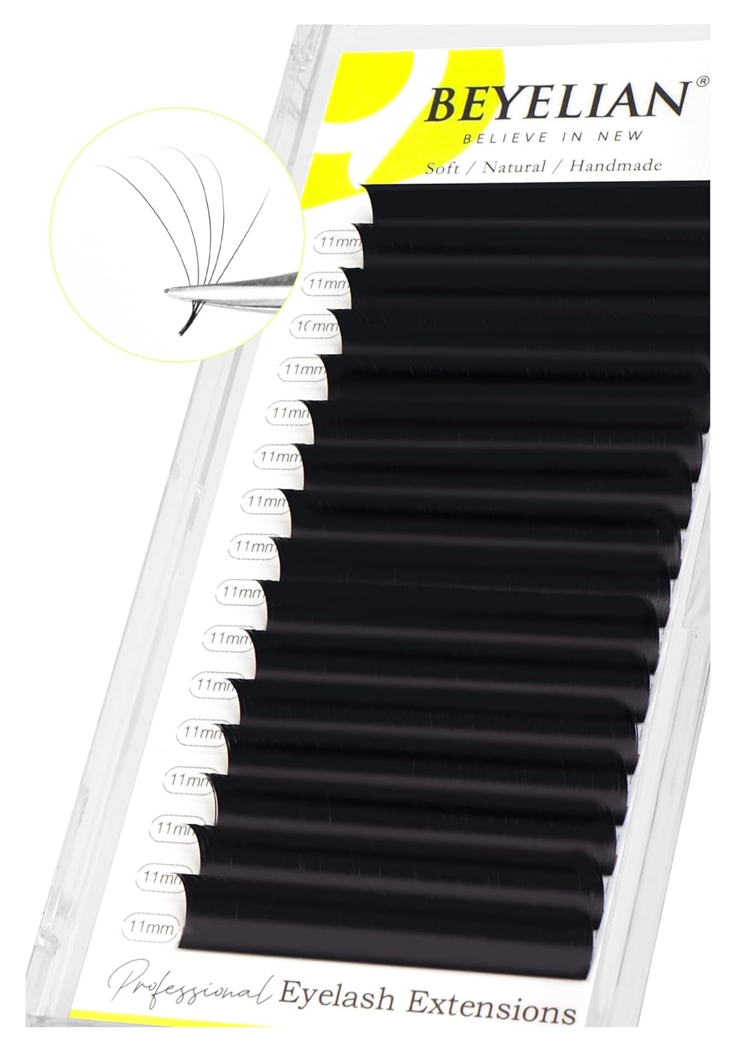 BEYELIAN Eyelash Extension 0.05 D+ Curl 11mm Tray Easy Fan Lash Extensions Volume Lashes Professional Salon Use Natural Matte Black (0.05 D+ 11mm)