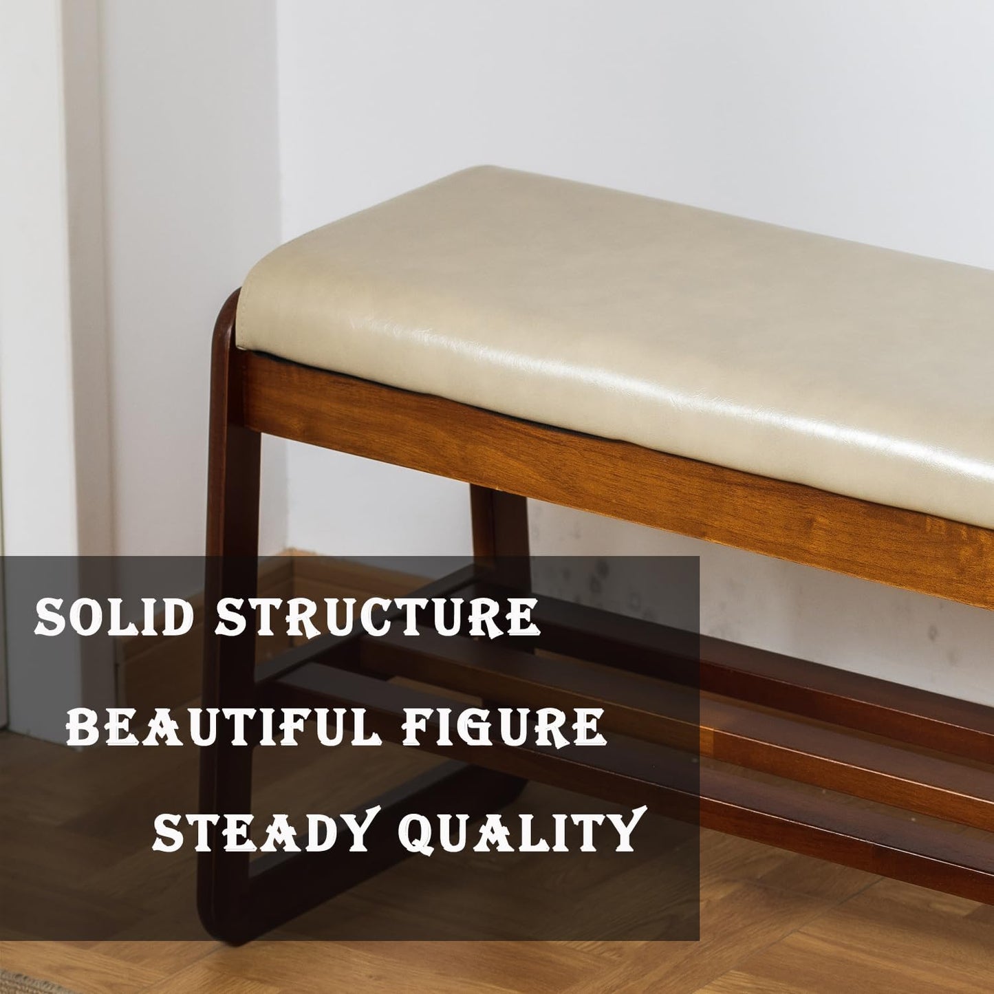 latifolia Shoe Bench, Solid Wood Bench with Cushion, 2 Tier Shoe Organizer for Entryway, Hallway, Living Room(Beige,39.70''L)