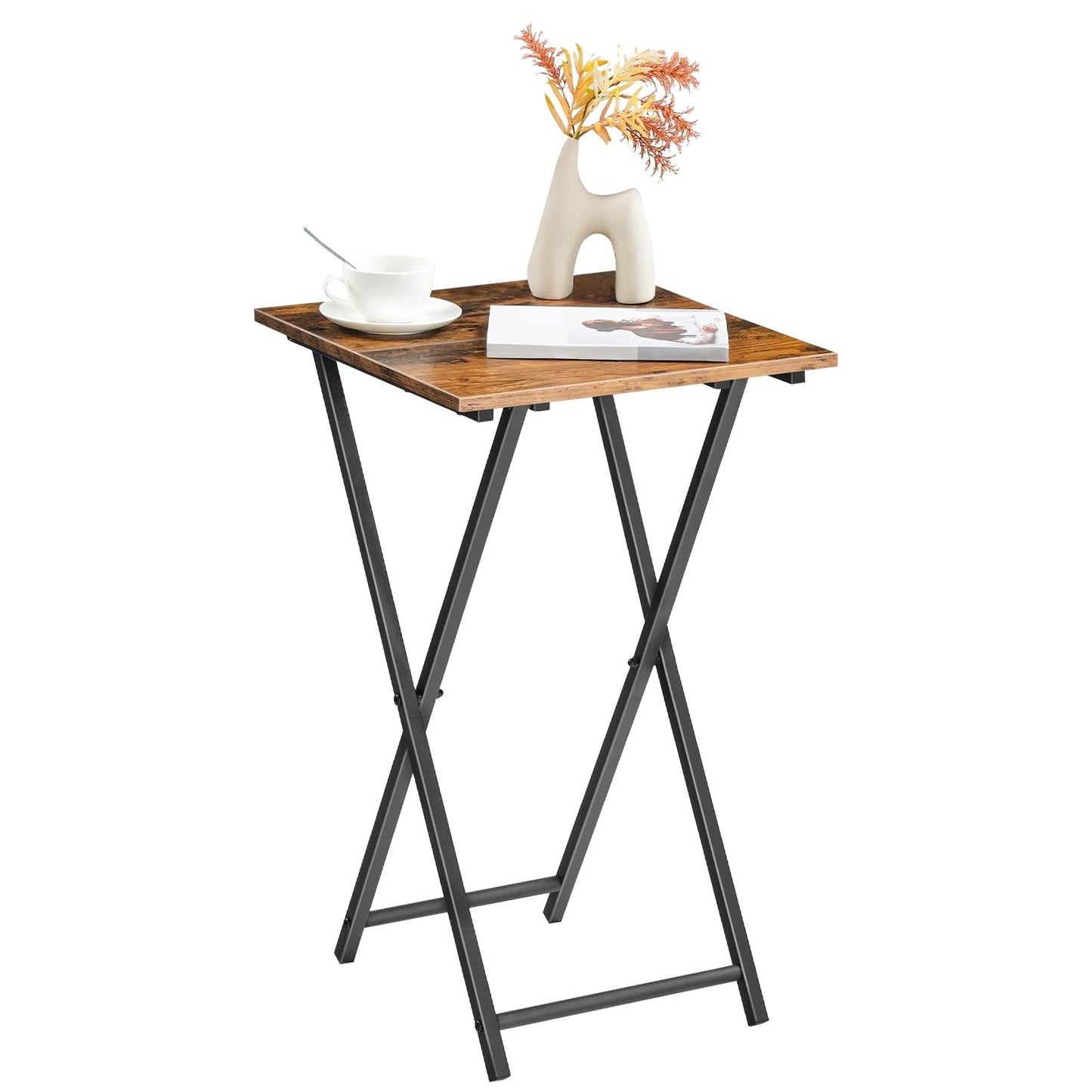 HOOBRO Folding TV Tray Table, Wooden TV Tray, Portable Sofa Side Table, Industrial Snack Table End Table for Small Spaces, Space-Saving, Easy to Install and Fold, Rustic Brown and Black BF27BZ01