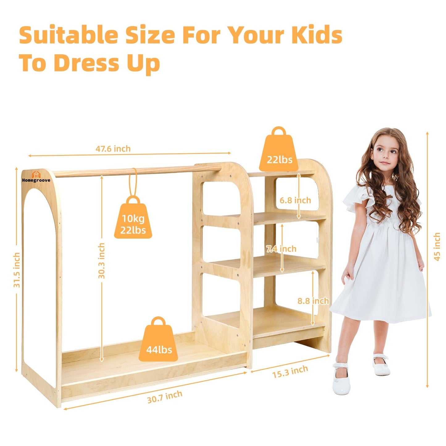 Kids' Dress Up Storage Closet with Mirror, 31.5 Inch Kids Wardrobe Closet with Shelves for Girls and Boys, Wooden Costume Organizer for Bedroom, Classroom, Playroom