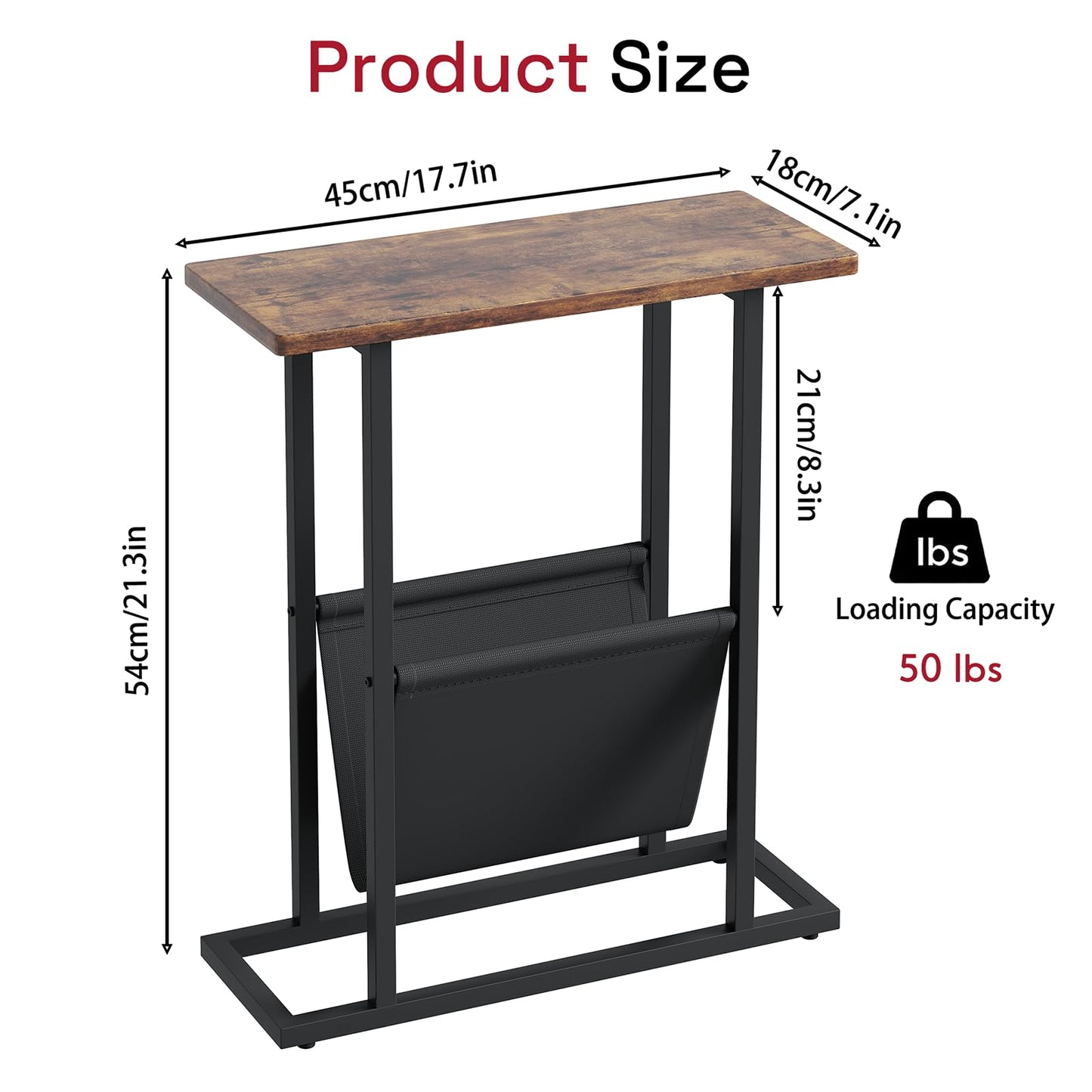 Yusong Small Narrow Side Table for Small Spaces, 17.7" W Slim End Table Magazine Table Nightstand with Storage Holder, Accent Skinny Snack Couch Bedside Table, Rustic Brown, Complete Iron Pipes