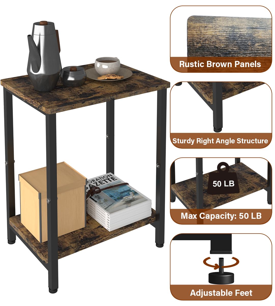 Tigerden 2 Tier Side Table, Heavy Duty End Table with Shelves, Narrow nightstand Table for Small Spaces, Record Player Table for Bedroom, Living Room, Sofa Couch - Rustic Brown & Black