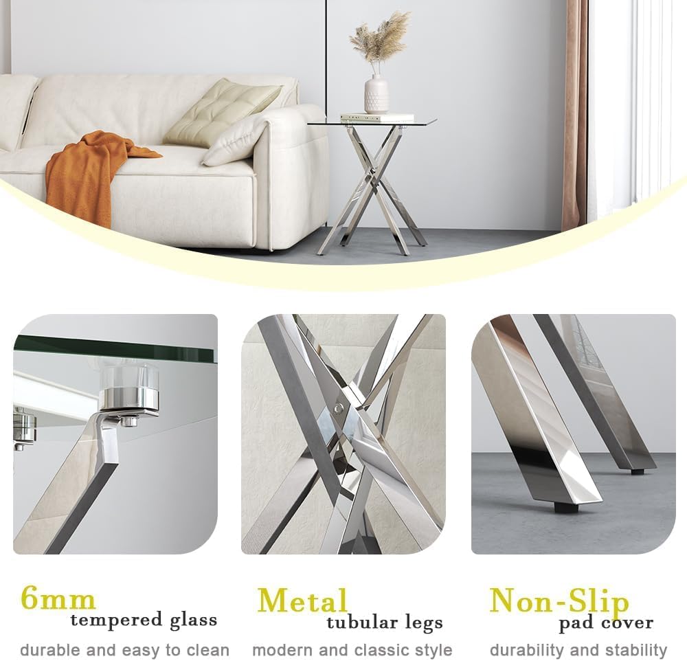 NIERN Small Side Coffee Table with Chromed Legs, Tempered Glass Square Modern End Table for Living Room Sofa Home Office (1, Silver, 19.68"×19.68"×21.65")