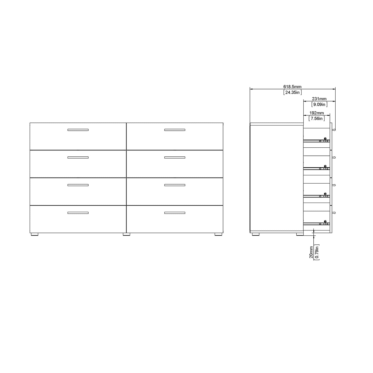 Tvilum, 8 Drawer Double Dresser, Bedroom, Modern Silver Drawer Handles, Contemporary, Black