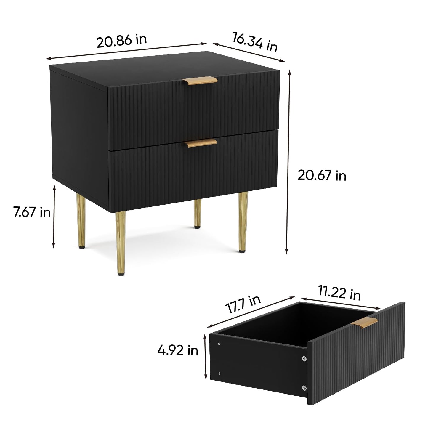 Algherohein Black Nightstand for Bedroom, Fluted Night Stand, End Table for Living Room, Mid Century Modern Bedside Table with Drawers, Bed Side Table with Gold Metal Legs, Bedroom Furniture Stripe