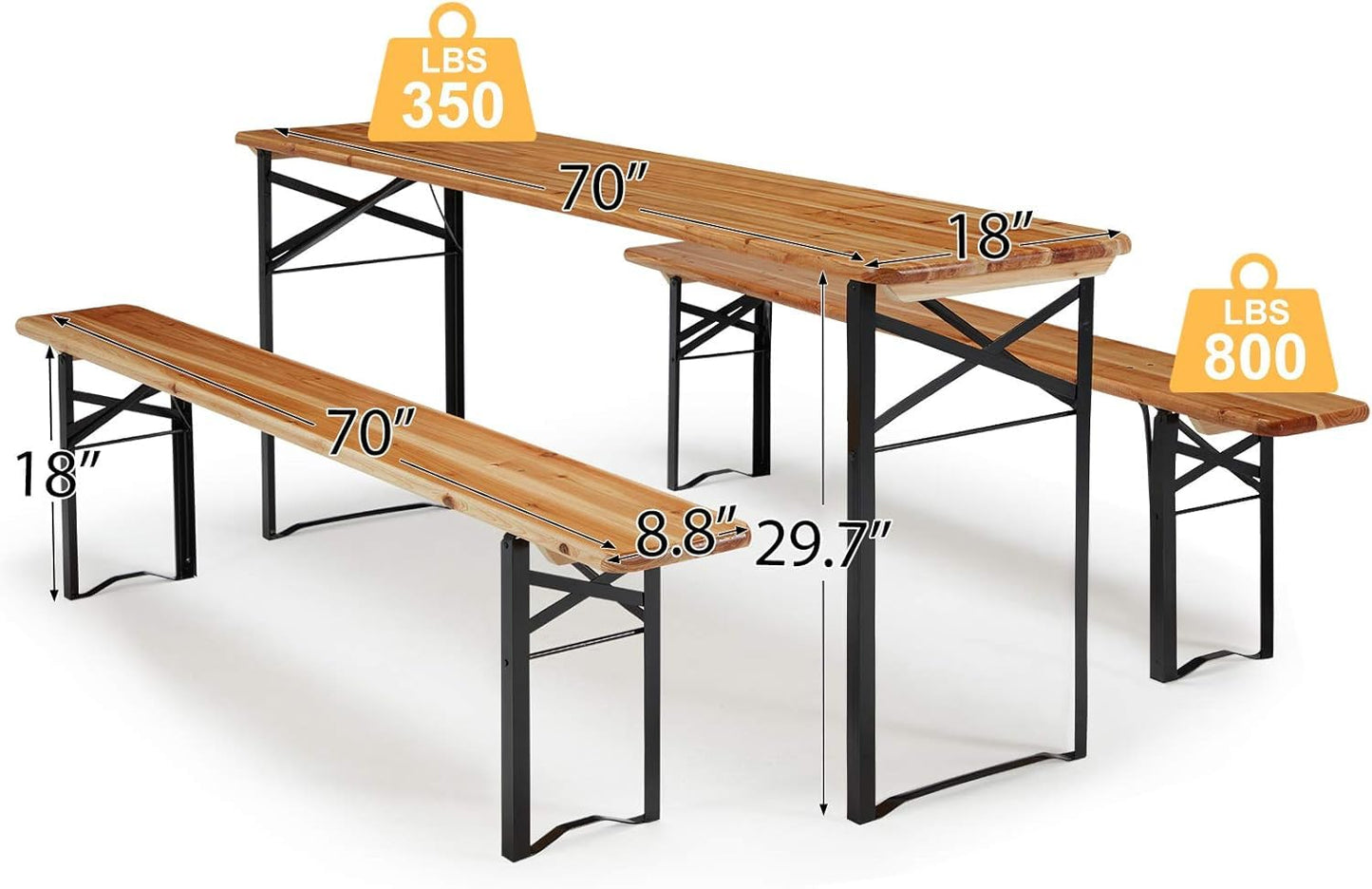 HOMREST Folding Picnic Tables with 2 Benches Set,70" 3-Piece Portable Table for 6-8 Persons，Outdoor Dining Table with Weather-Resistant Wooden and Sturdy Steel Frame for Patio,Party,BBQ and Camp
