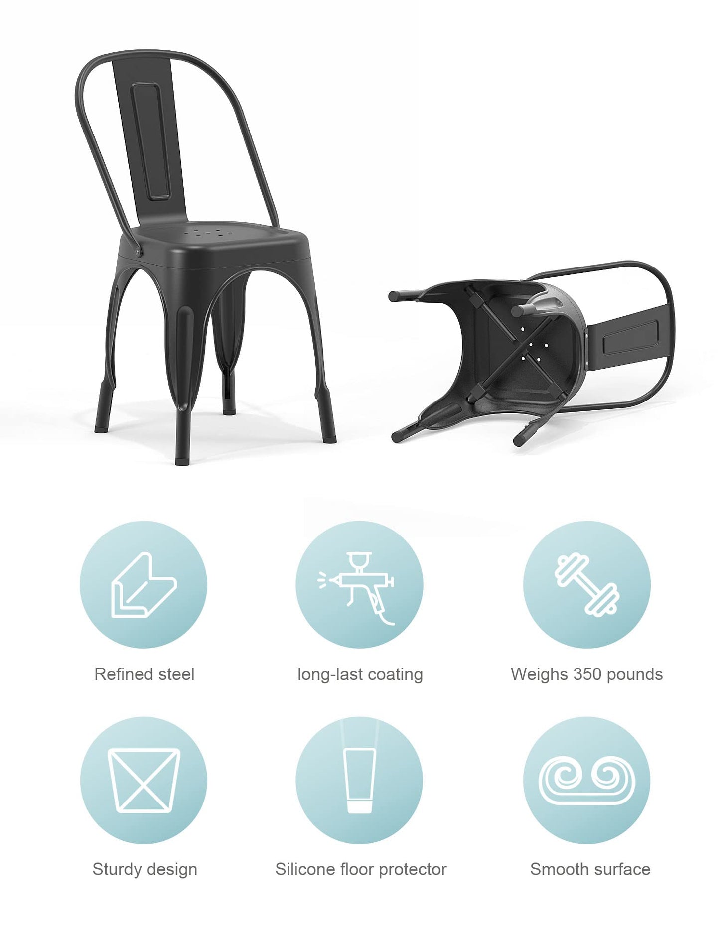 Nazhura Metal Dining Chair Farmhouse Tolix Style for Kitchen Dining Room Café Restaurant Bistro Patio, 18 Inch, Stackable, Waterproof Indoor/Outdoor (Sets of 4) (Black)