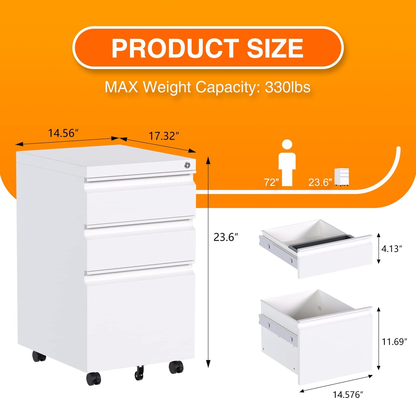 Reemoon 3 Drawer Metal Rolling File Cabinet with Lock, Under Desk Mobile Filing Storage Cabinet for Home Office School, Required Assembly, White