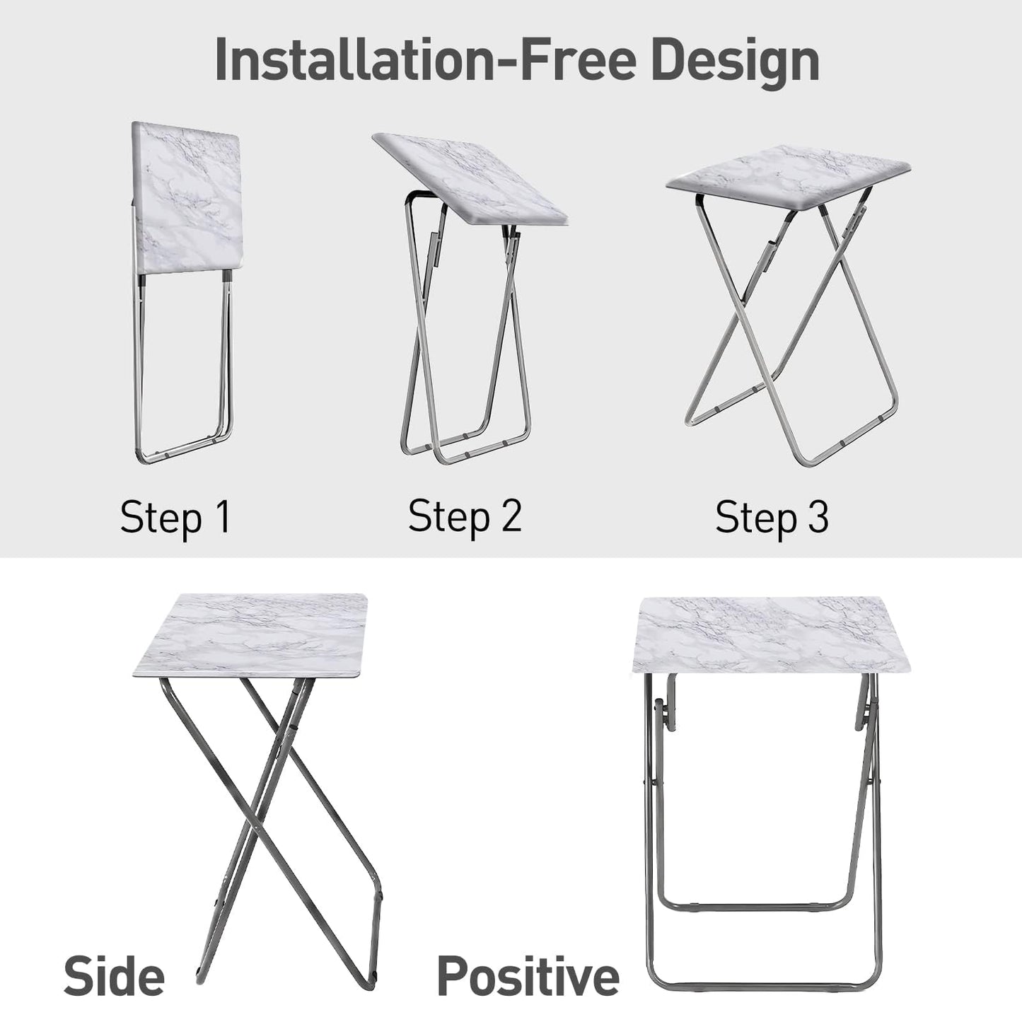 Garden 4 You TV Tray Table, Folding Dinner Tray With No Assembly Required, Sturdy Foldable Snack Eating Table for Living Room, 2PCS (White Marble)
