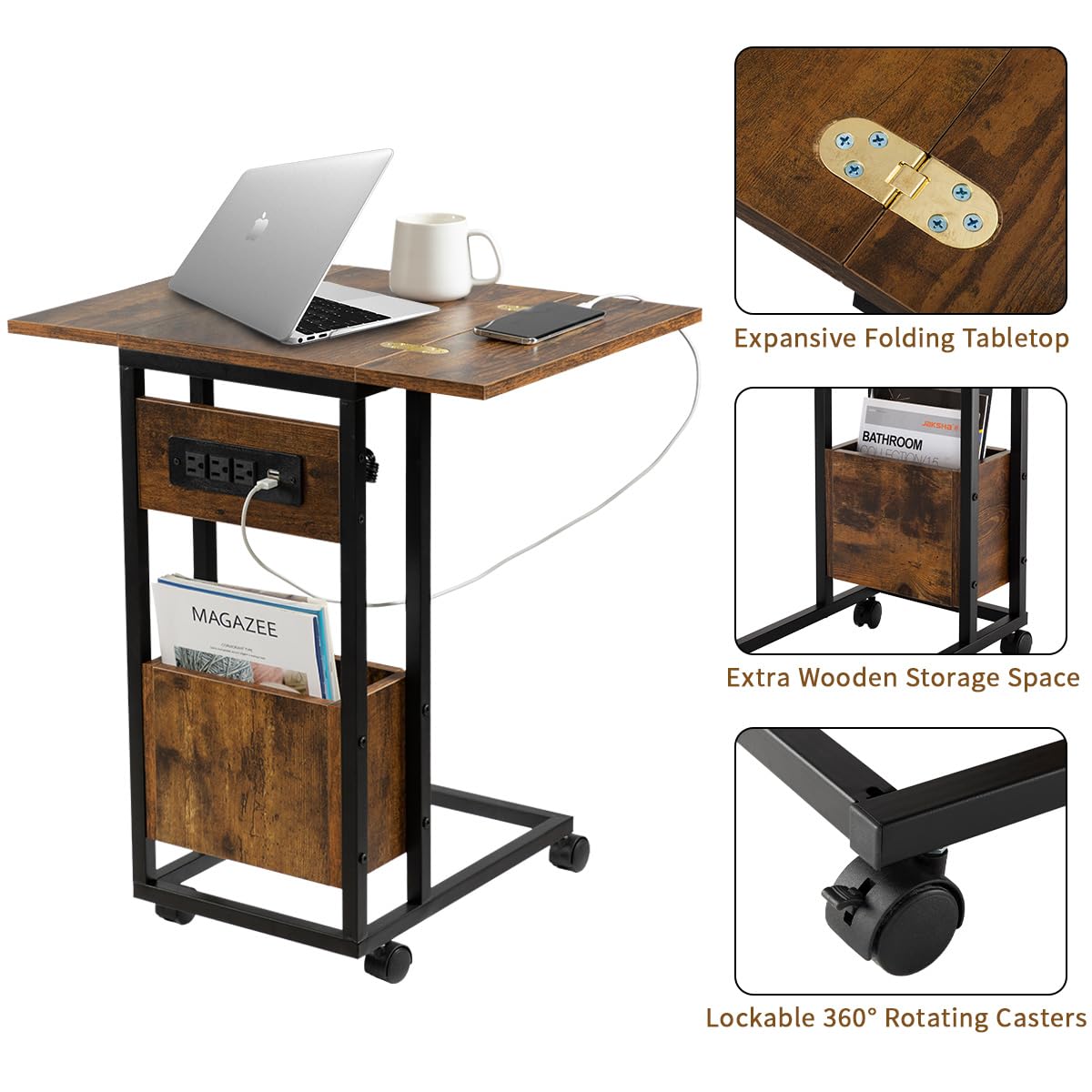 Hadulcet C Shaped End Table with Charging Station & Foldable Tabletop, Folding TV Tray Table with Storage, Rolling TV Trays, C Table for Sofa, Living Room Bedroom Small Spaces, Rustic Brown