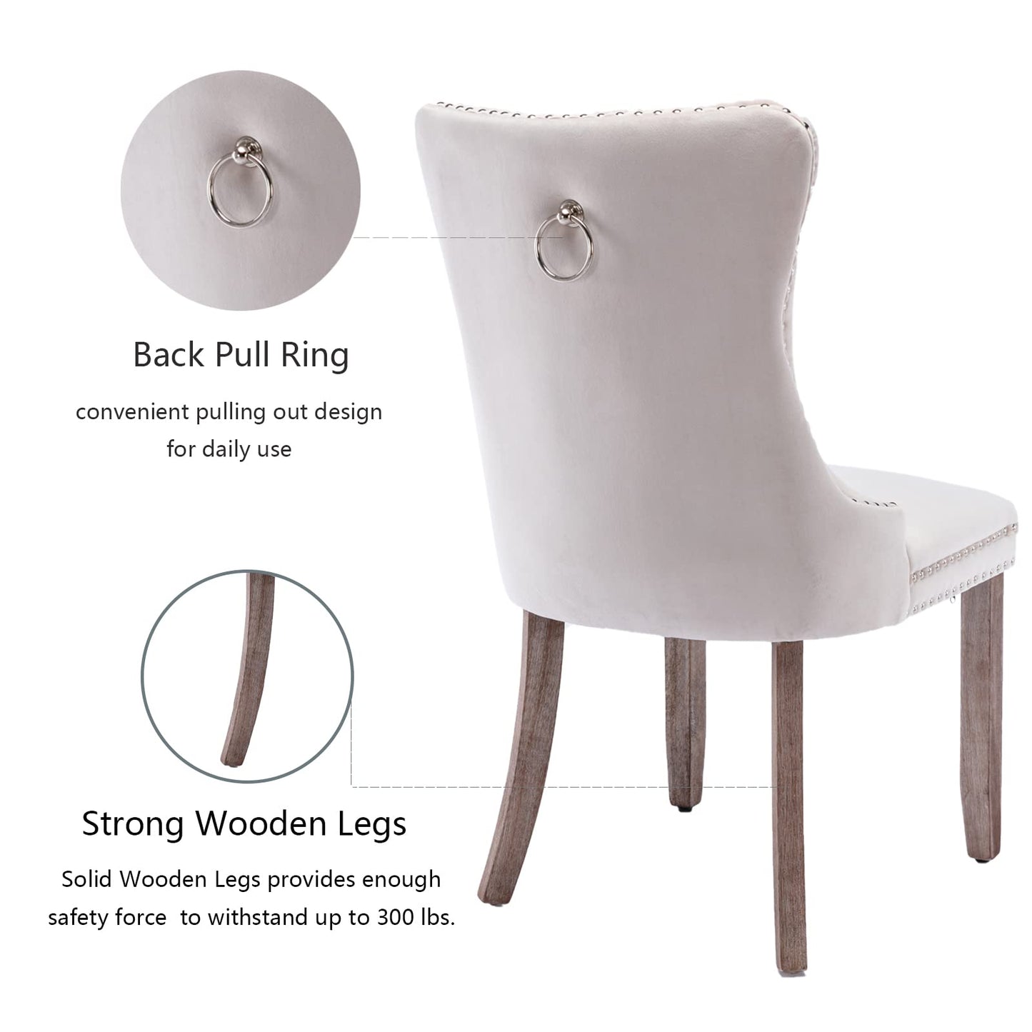 Beige Velvet Dining Chairs Set of 4, Upholstered Dining Room Chairs with Back Ring Pull Trim and Solid Wood Legs, Tufted Wingback Kitchen Chairs for Dining Room,Living Room,Kitchen(Beige)