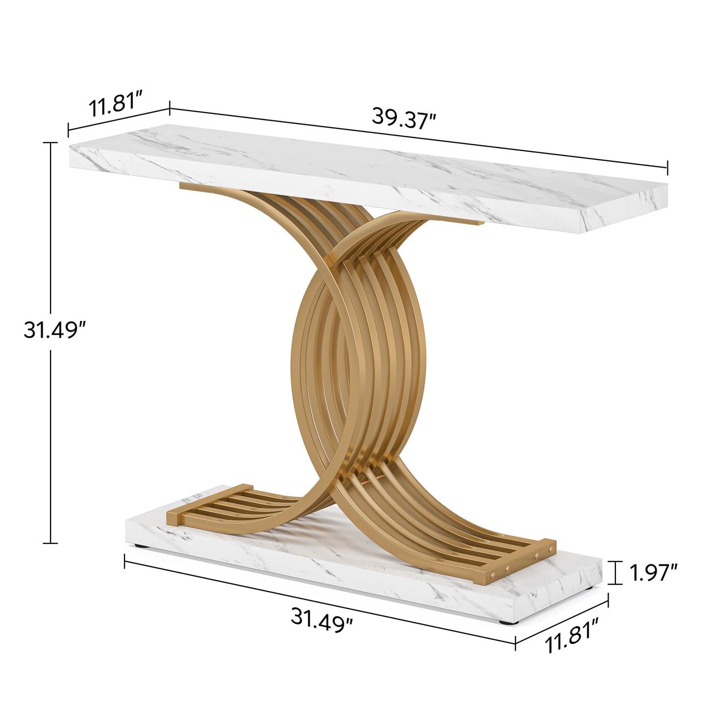 Gold Entryway Table, Modern 39" Console Table with Geometric Metal Legs, Faux Marble Narrow Wooden Sofa Table, Foyer Hallway Tabl for Entrance, Living Room (Gold & White)