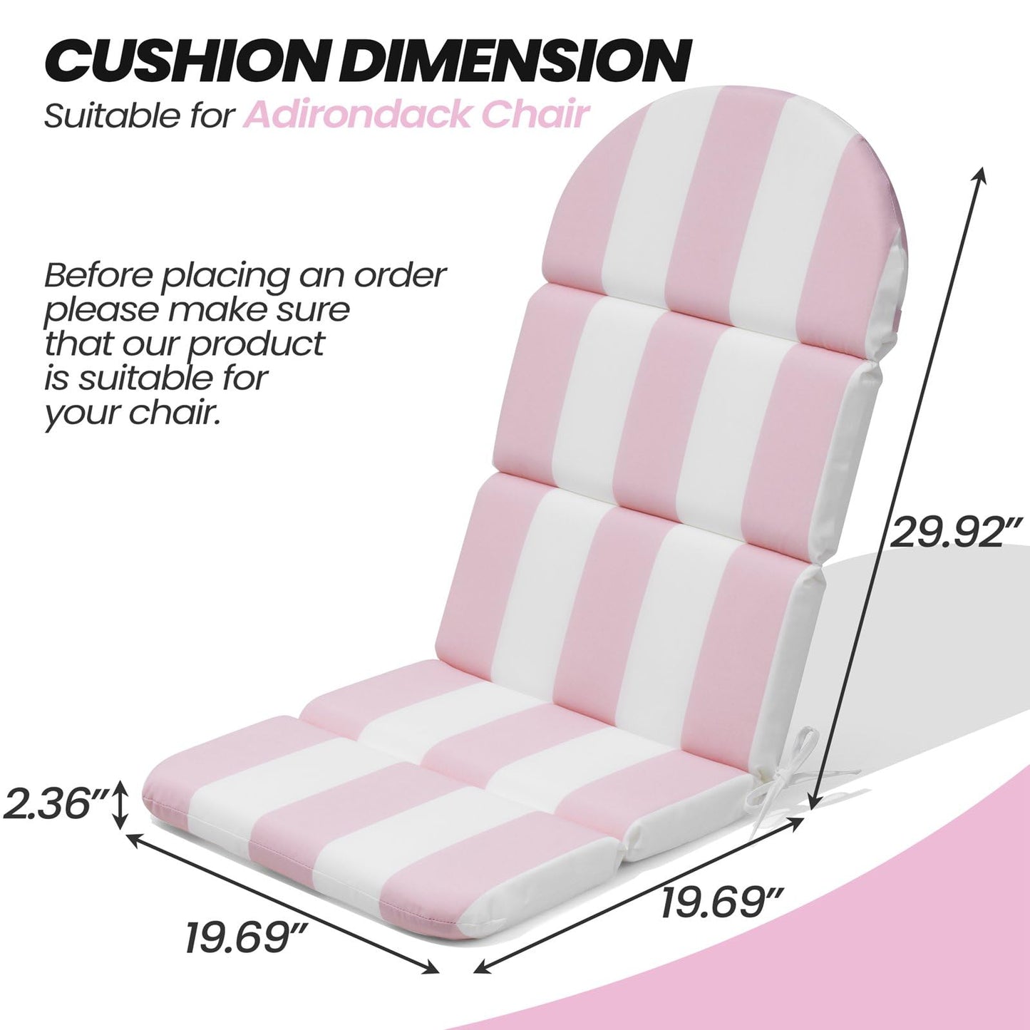 Crestlive Products Adirondack Chair Cushion Outdoor Rocking Chair Cushion Water Repellent 50x19.6x2.3 Inch High Back Patio Cushions Pink White Stripe