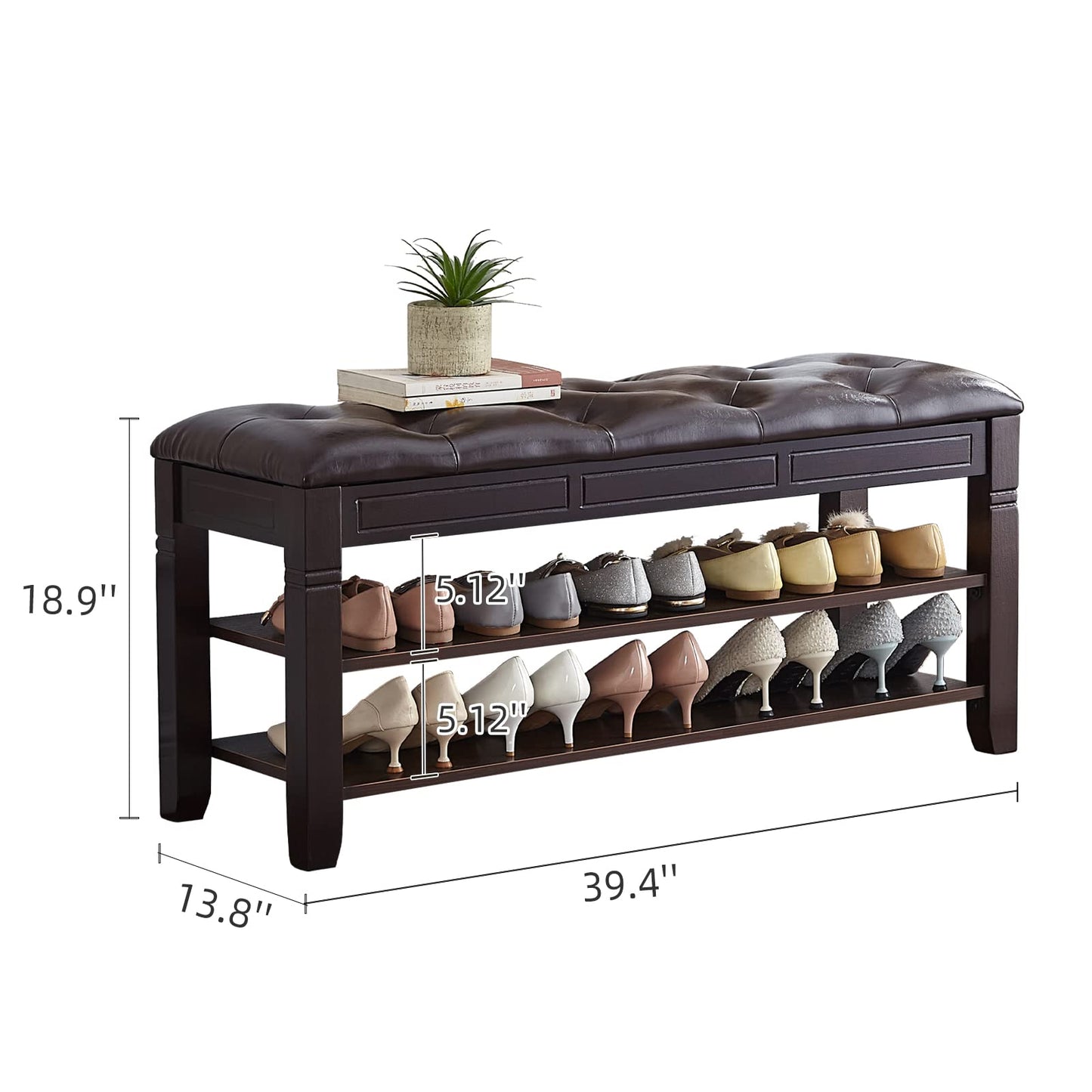 ZIRKOOON Shoe Storage Bench, Entryway Shoe Rack with Fiberleather Seat 2-Tier Lift Top Organizer Wooden Shoe Bench for Entryway Hallway Living Room (Dark Brown 39.4x13.8x18.9'')