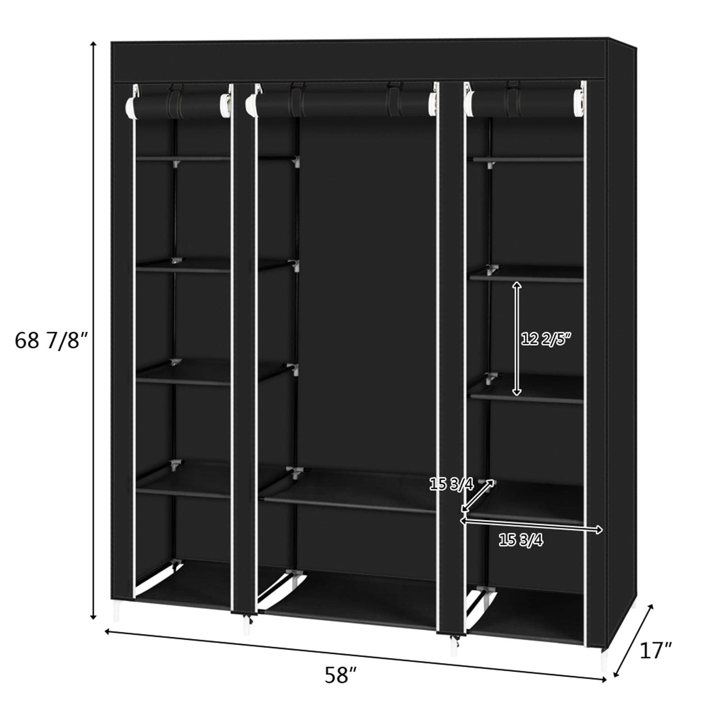 Piler 69" Portable Wardrobe Closet with Non-Woven Fabric - Quick & Easy to Assemble, Extra Strong & Durable Black Closet Organizer for Bedroom Storage