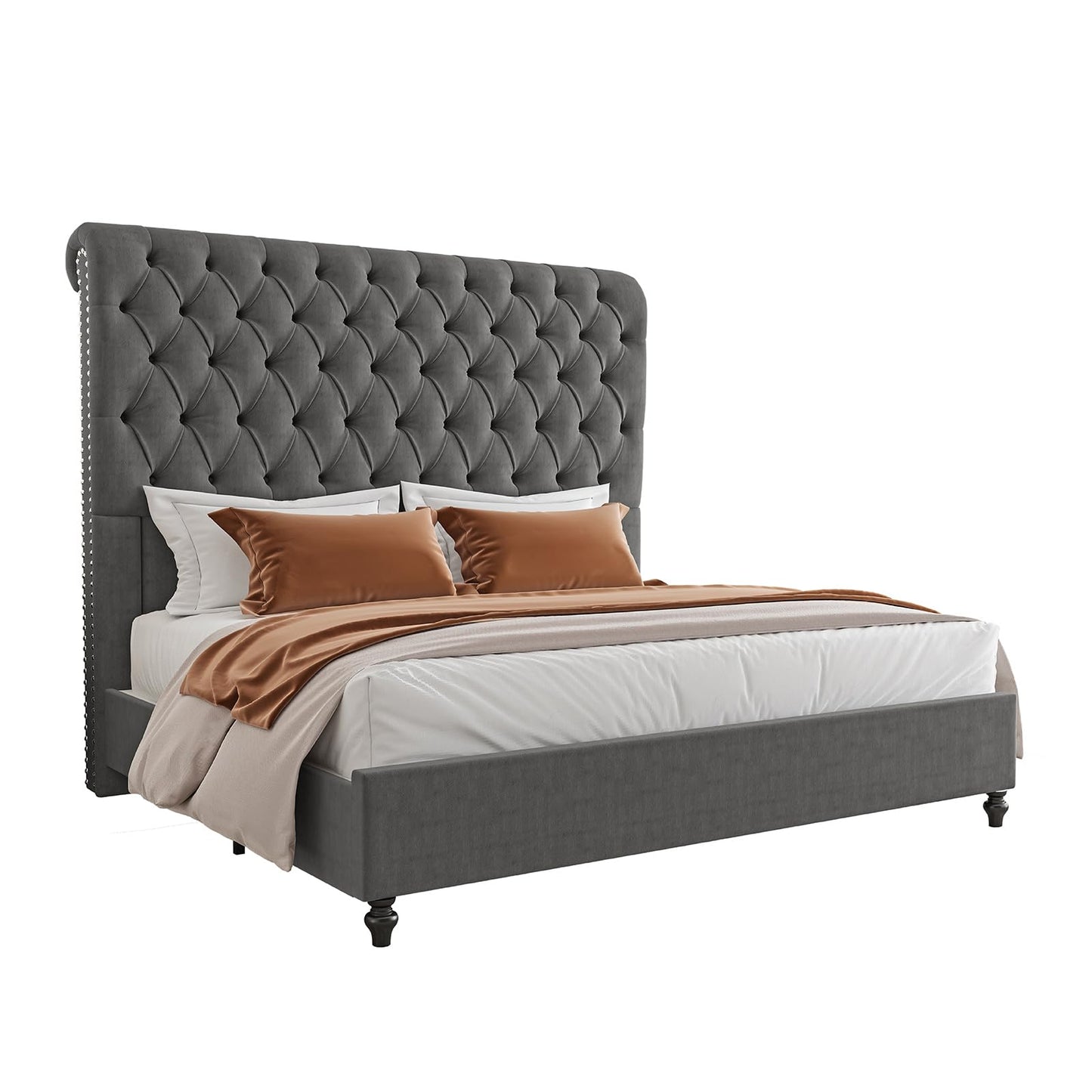 AMERLIFE King Size Bed Frame with 60" Tall Wingback Headboard, Velvet Upholstered Platform, Button Tufted Sleigh Design, No Box Spring Needed,Grey