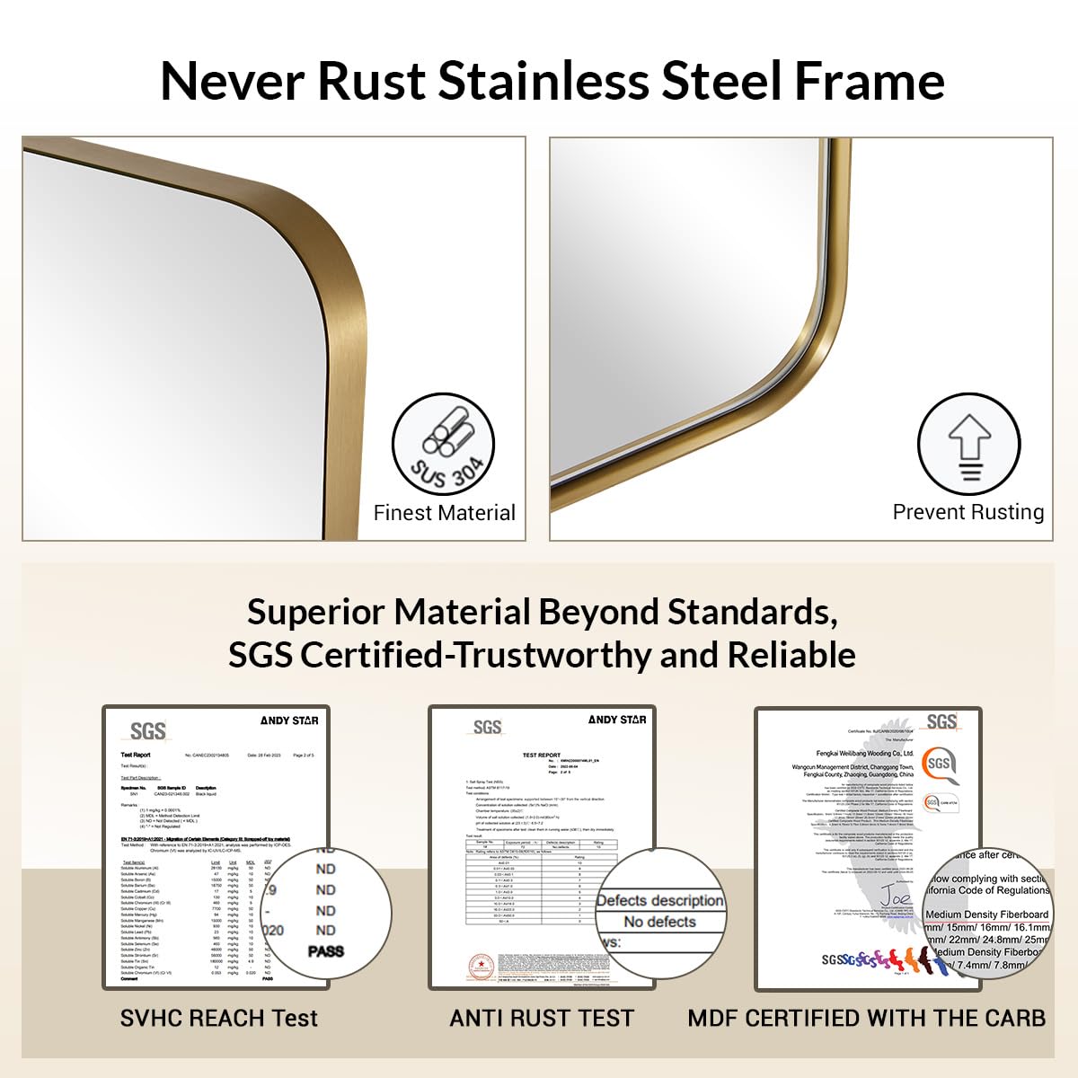 ANDY STAR Gold Bathroom Mirror, 22" x 30" Brushed Brass Metal Wall Mirror, Rounded Rectangle Mirror for Vanity, Framed in Premium Stainless Steel…