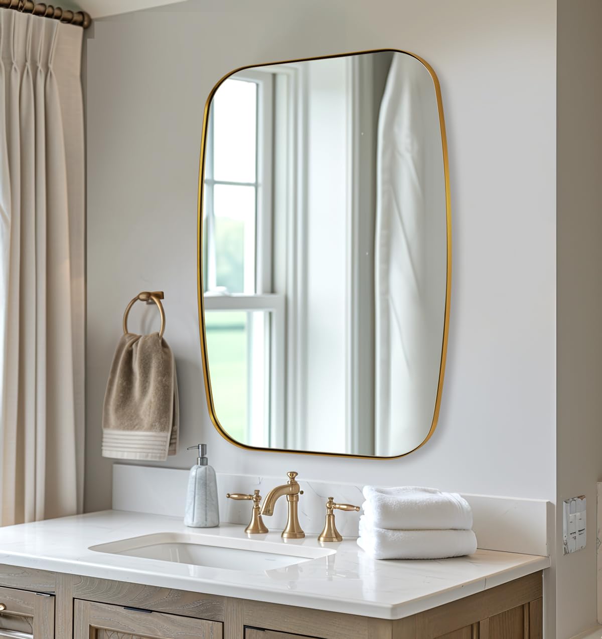 ANDY STAR Gold Mirror for Bathroom, 28x36 Inch Stainless Steel Metal Frame Oblong Bathroom Mirror for Vanity, 1’’ Deep Wall Mounted Vertically/Horizontal