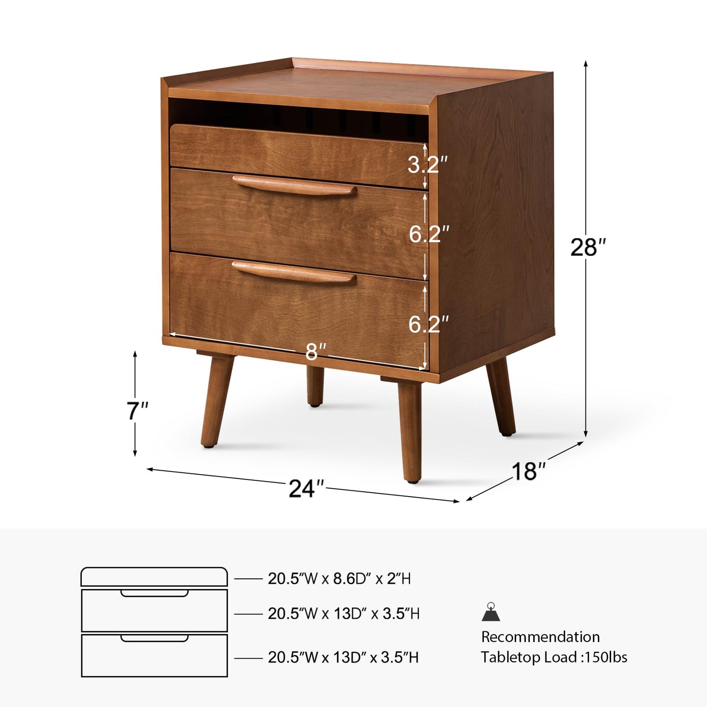HULALA HOME Nightstand with Charging Station, Mid-Century Modern 2 Drawer and Open Shelf Bedside Tables, Wood Night Stand with USB Ports and Outlets for Bedroom, Acorn