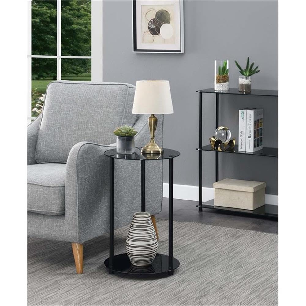Convenience Concepts Designs2Go Classic Glass 2 Tier Round End Table 15.75" - Modern Side Table for Living Room, Tempered Glass Table with Storage Shelves for Bathroom, Bedroom, Office, Black/Black