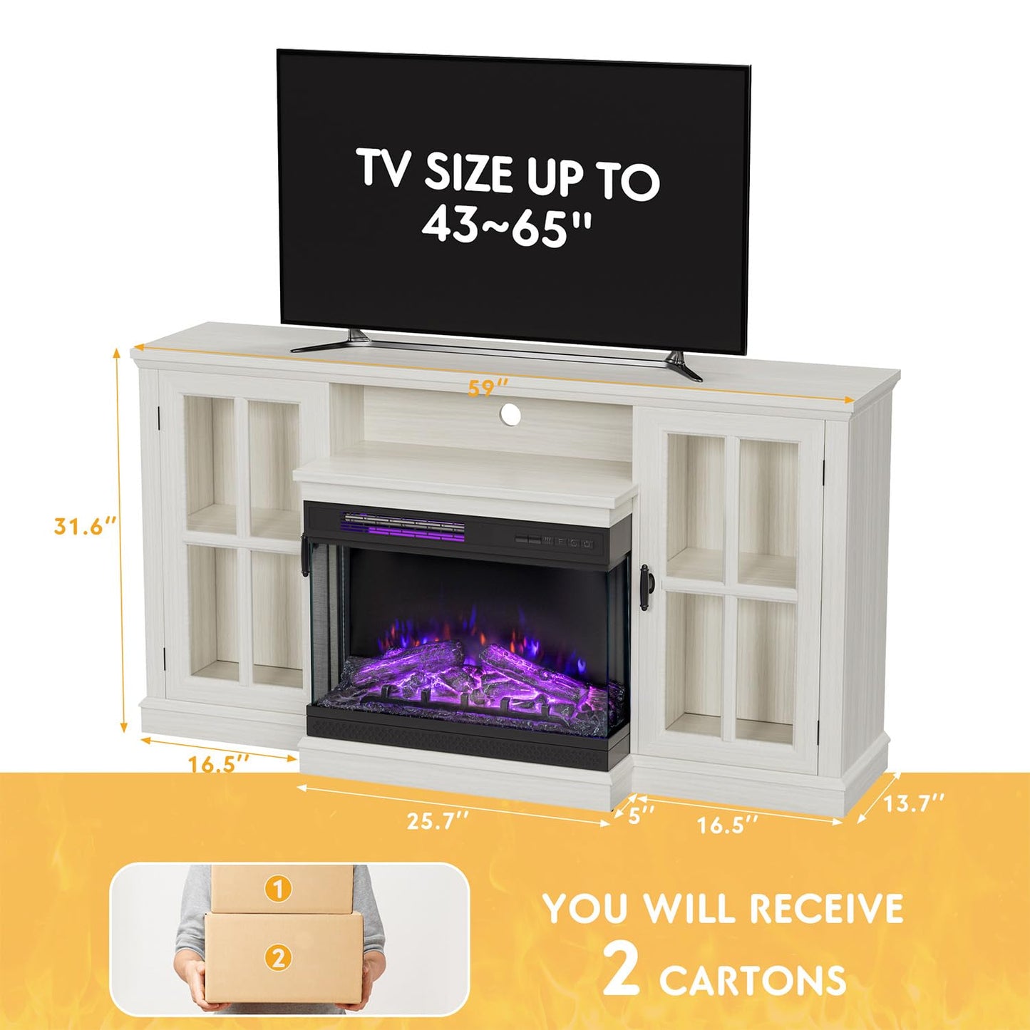 JUMMICO Fireplace TV Stand for TVs up to 65'', 3-Sided Glass Media Entertainment Center Console Table with Cabniet Storage Adjustable Flame LED Color for Living Room (Distressed White)