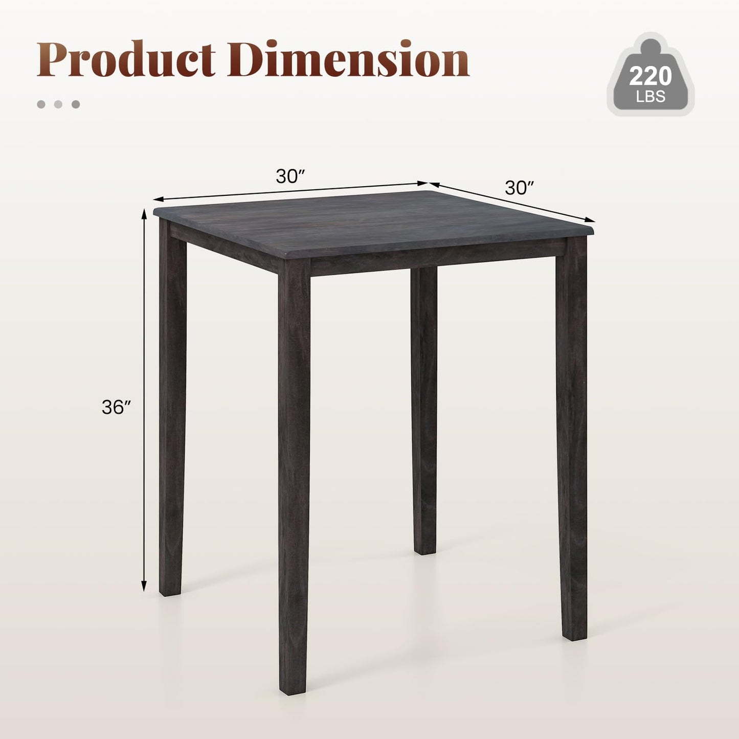 GOFLAME Square Dining Table for 2-4 People, Counter Height Pub Table with Rubber Wood Legs, Wooden Kitchen Table for Dining Room, Bistro, Restaurant, Small Space
