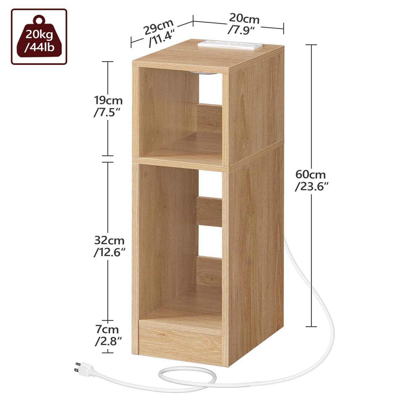 MAHANCRIS Narrow Nightstand, Slim End Table with Charging Station and LED Sensor Light, Modern Side Table, Bedside Table, for Small Spaces, Living Room, Bedroom, Natural ETNA25E01