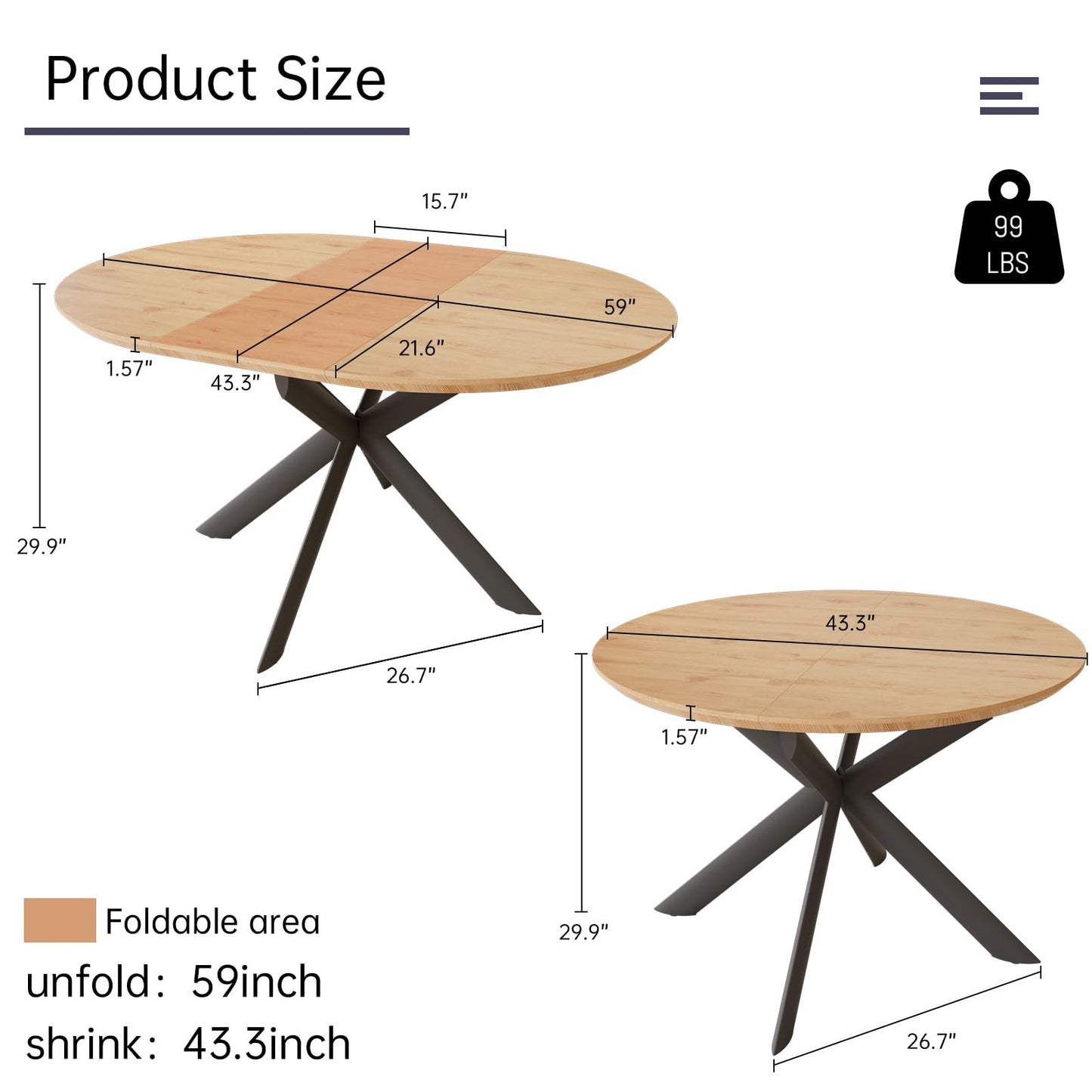 HIPIHOM 43.2"-59.1" Extendable Round Dining Table, Mid Century Modern Wooden Round Table, Leisure Oak Coffee Table,Saving Space