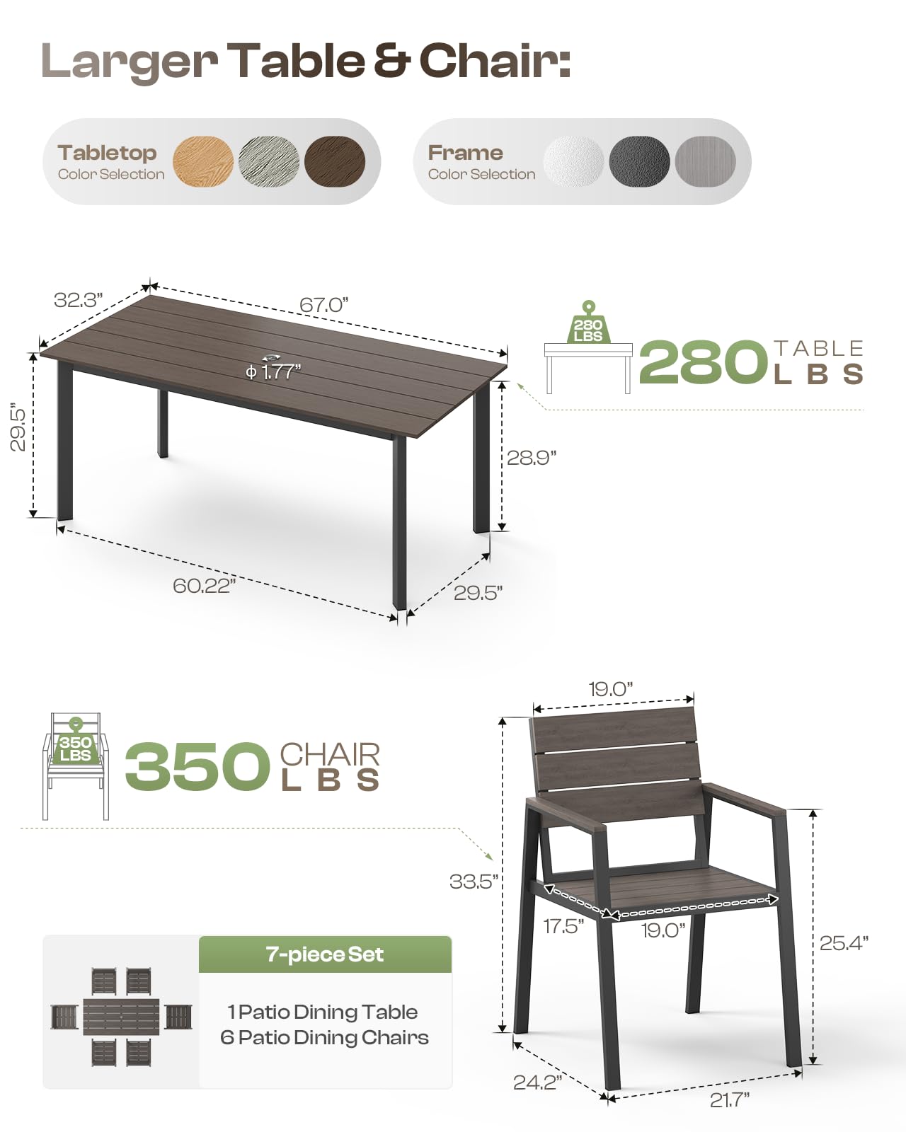 Oasbira Outdoor Patio Dining Table Sets 7-Piece Aluminum and HDPS All-Weather Table and Chairs with Umbrella Hole, Patio Modern Furniture Sets for Garden, Backyard, Lawn, and Poolside, Charcoal