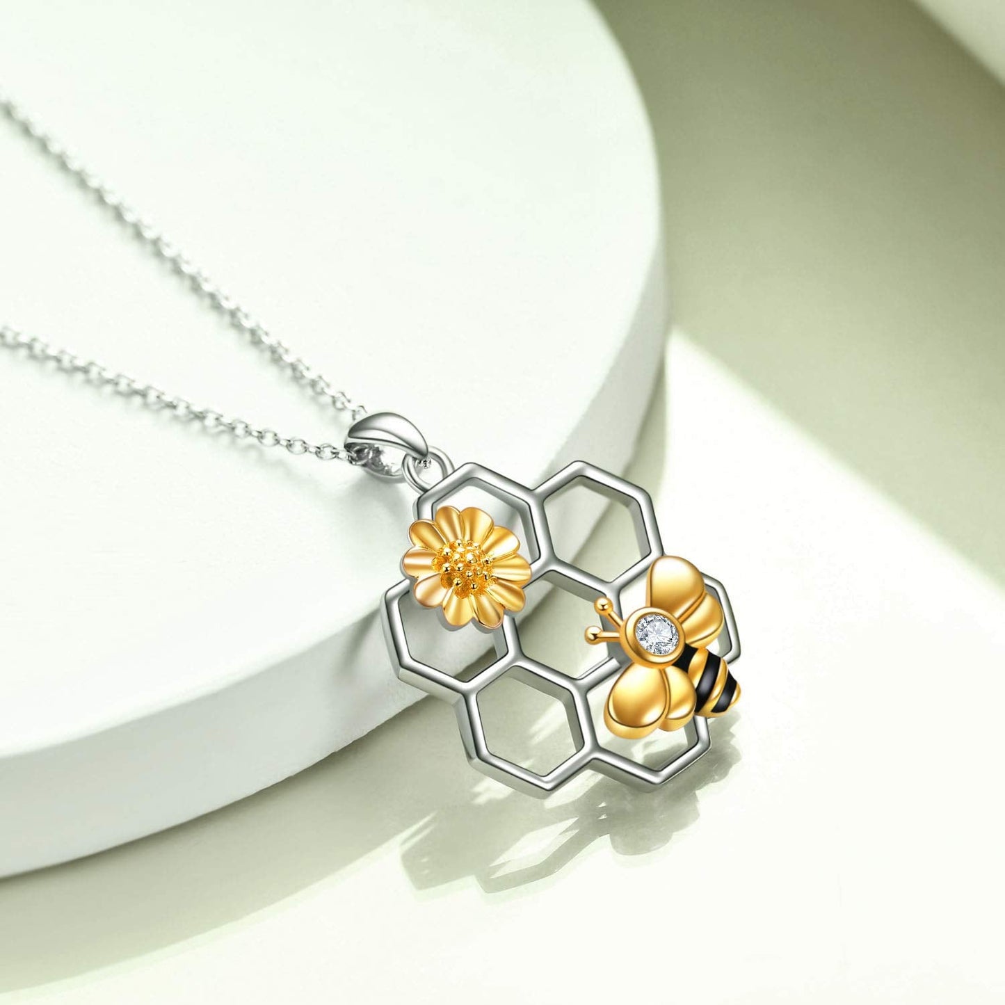 LUHE Bee Necklace 925 Sterling Silver Bumblebee Necklace Honeycomb Cute Flower Pendant Jewelry for Women Christmas Gifts for Her