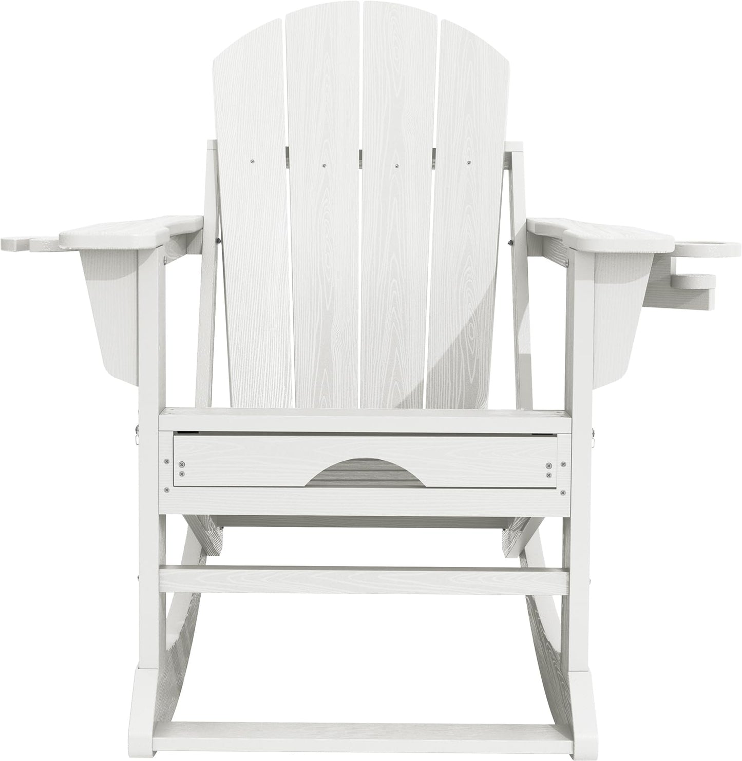 KINGYES Adirondack Rocking Chair with Retractable Ottoman and Cup Holders, HDPE Adirondack Rocker Patio Rocking Chair for Porch, Patio, Balcony, White