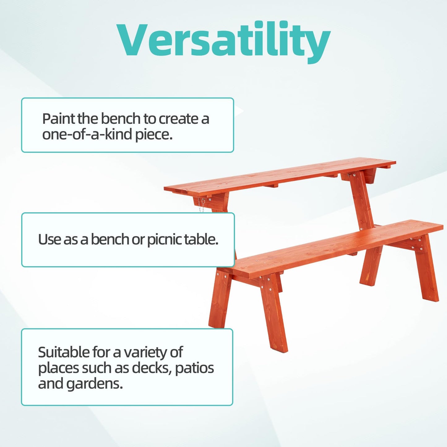 AVAWING 2 Piece Outdoor Convertible Bench, 2-in-1 Transforming Picnic Table Set, Wooden Garden Bench for Backyard, Porch, Patio, Tangerine