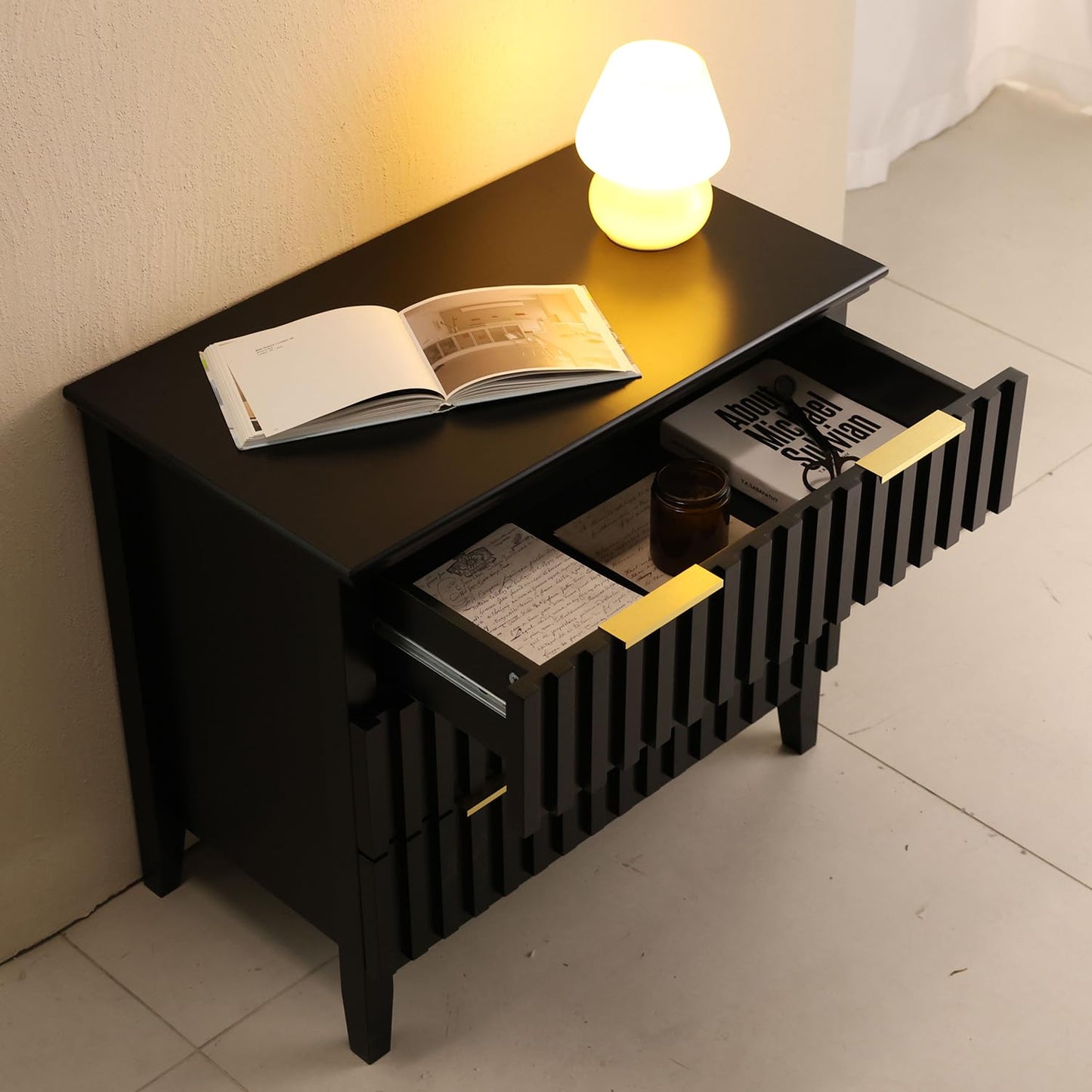 LAZZO 3 Drawer Dresser, Wood Dresser Tall with Fluted Drawer Fronts, Golden Handles and Spacious Top Narrow Small Space Storage Chest Modern Storage Cabinet for Living Room, Bedroom and Closet Black