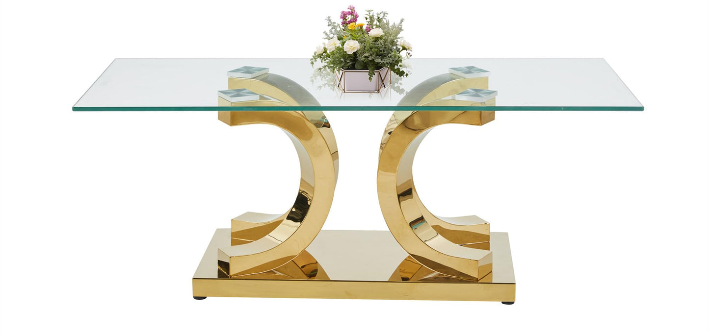 SSLine Modern 1 Piece Living Room Coffee Table Luxury Tempered Glass Coffee Table with C-Shaped Stainless Steel Base for Living Room Bedroom Office (1 Coffee Table)
