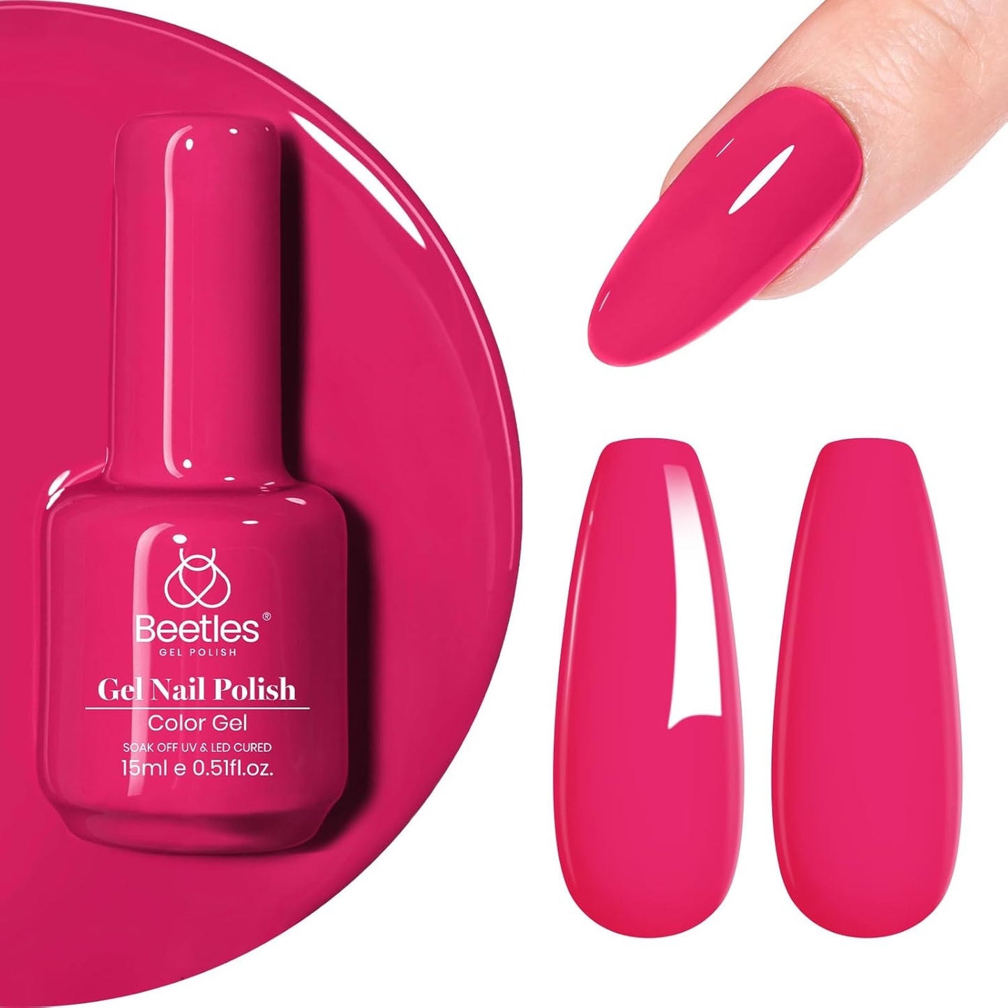 Beetles Pink Gel Nail Polish, 15ml Hot Pink Spring Summer Nail Gel Polish Soak Off UV LED Lamp Passionate series Nail Art Manicure Salon DIY Gifts for Women Girls