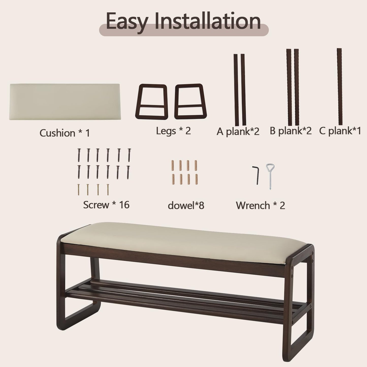 Achicsofar Shoe Rack Bench,2 Tier Wooden Entryway Bench with Shoe Storage, Shoe Rack with Cushion for Living Room, Hallway(Pu Beige, 39.4")