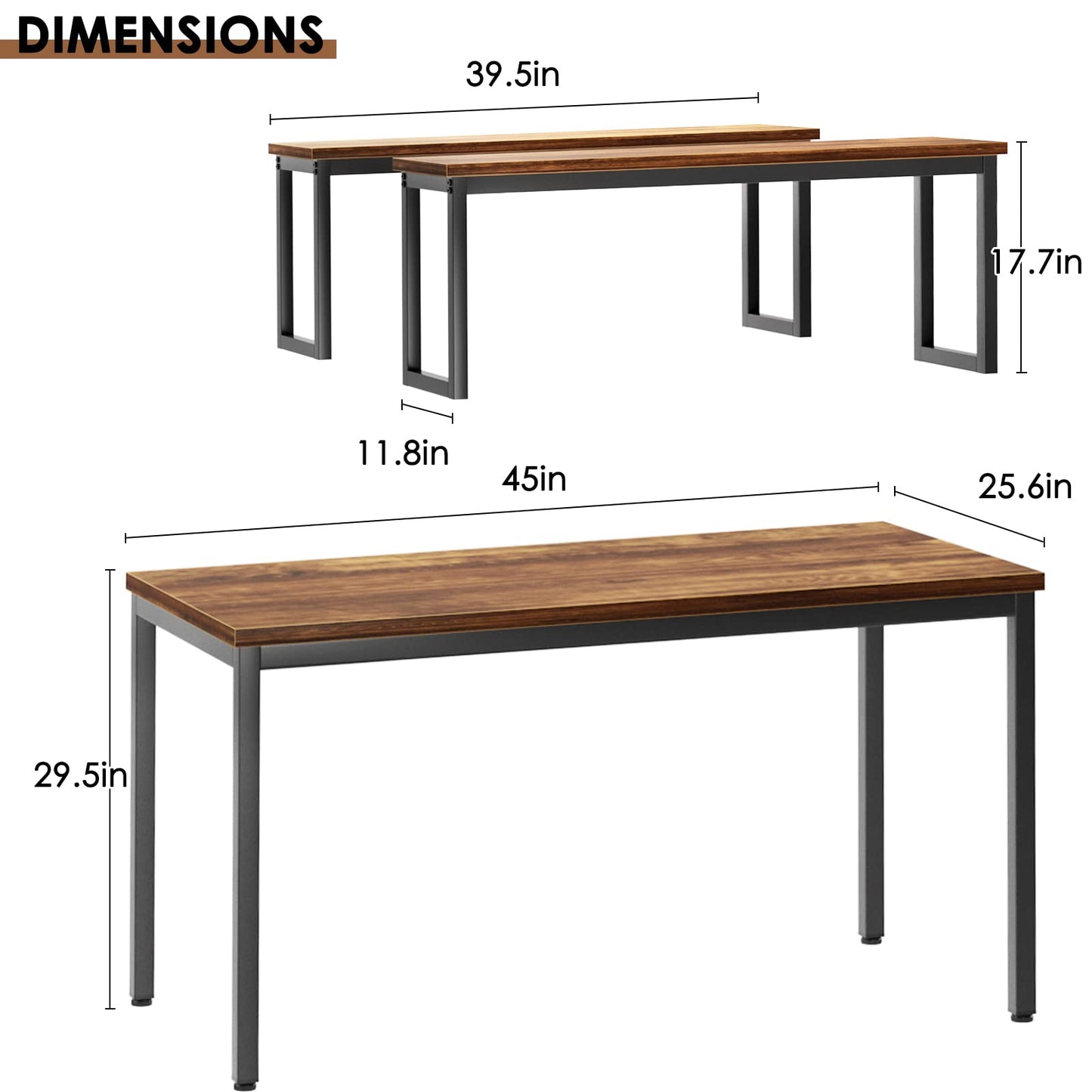 soges Kitchen Table Set with 2 Benches, Bench Dining Table Set for 4, 3 Piece Dining Room Table and Long Benches, Breakfast Table Coffee Table Set, Industrial Style Wooden Kitchen and Dining Room Set