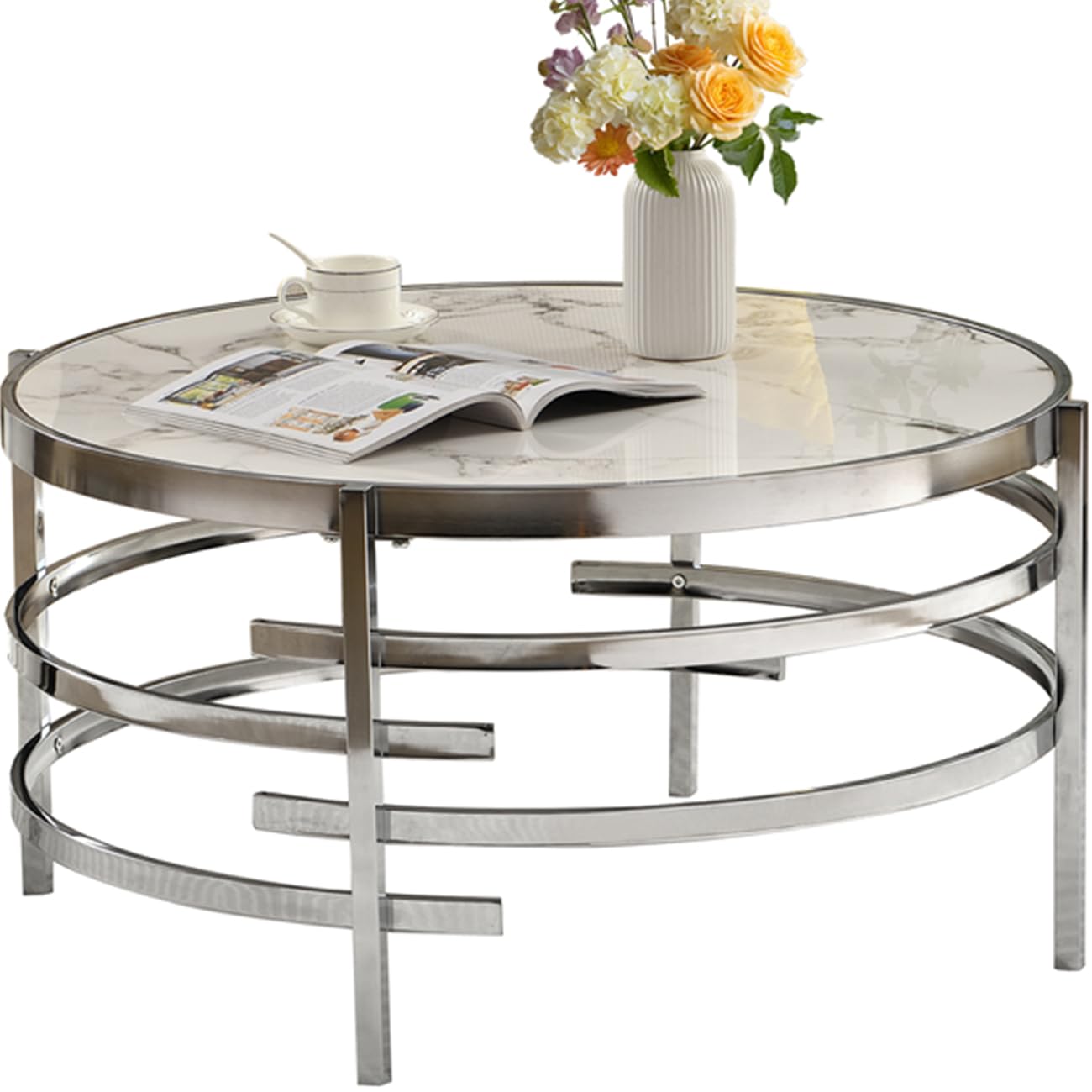 KUVADAZ Sintered Stone Coffee Table with Silver Chrome Metal Base, Round Coffee Table Modern Center Tables Circle Living Room Cocktail Tables for Home Office, White