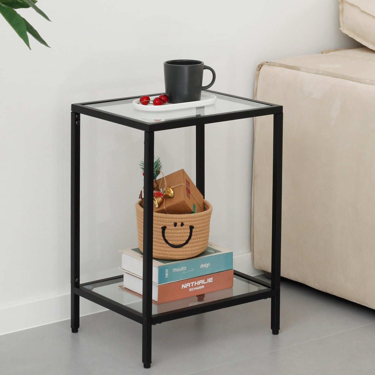 Gawicpy Modern 2-Tier Tempered Glass End Table - Stylish Black Metal Side Table for Small Spaces, Perfect for Living Room & Bedroom (Black, 2PCS)